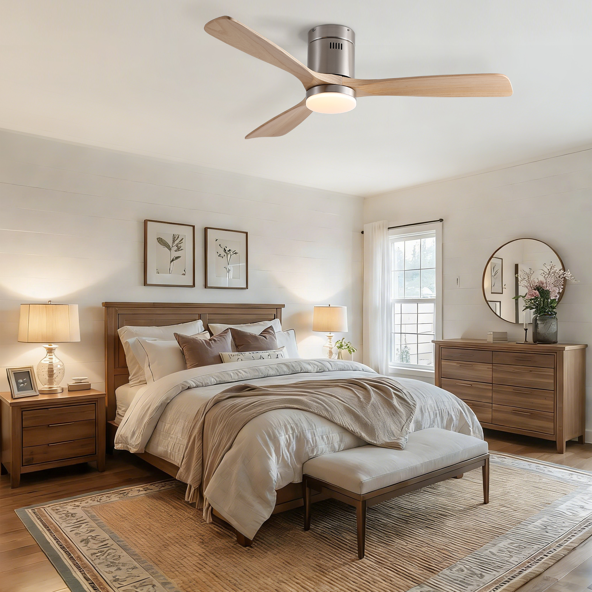52 inch Mordern Cozy Natural Style Solid Wood Low Profile Flush Mount Intergrated LED Ceiling Fan with Light - Image 6