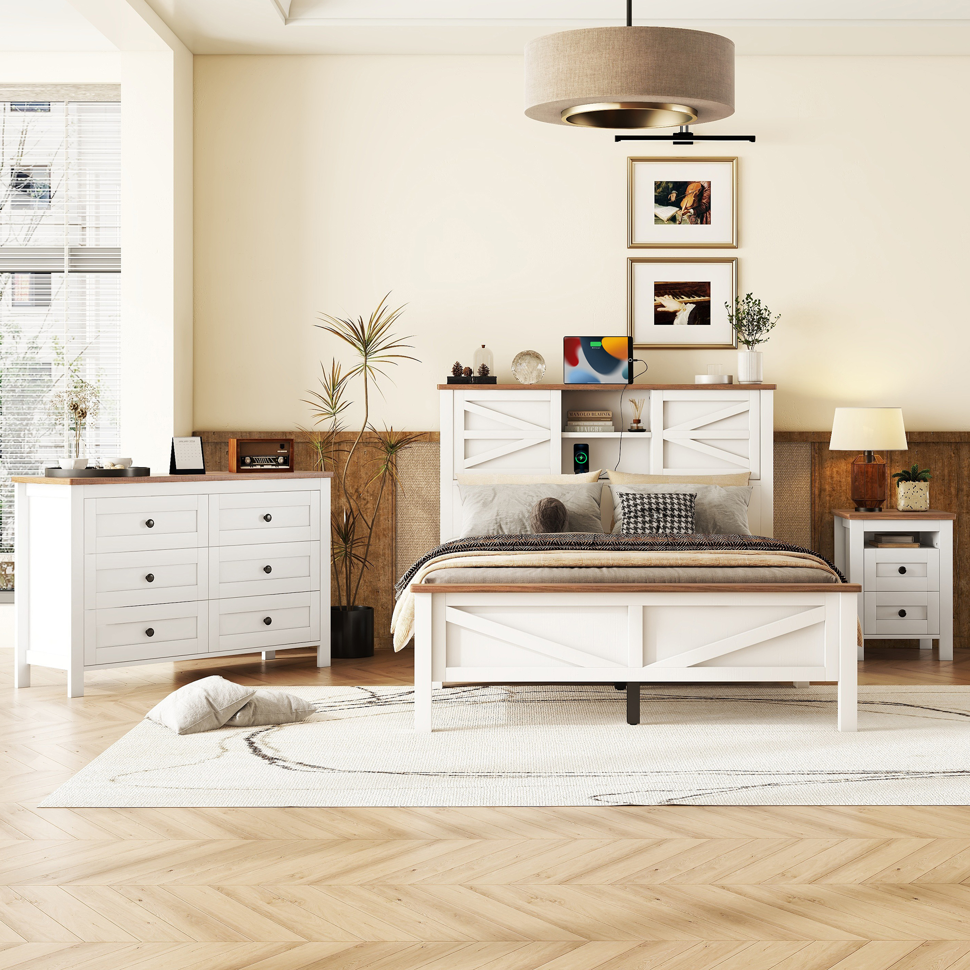 3-Pieces Bedroom Sets Full Size Farmhouse Platform Bed with Double Sliding Door Storage Headboard and Charging Station, Storage Nightstand and Dresser, White+Brown - Image 2
