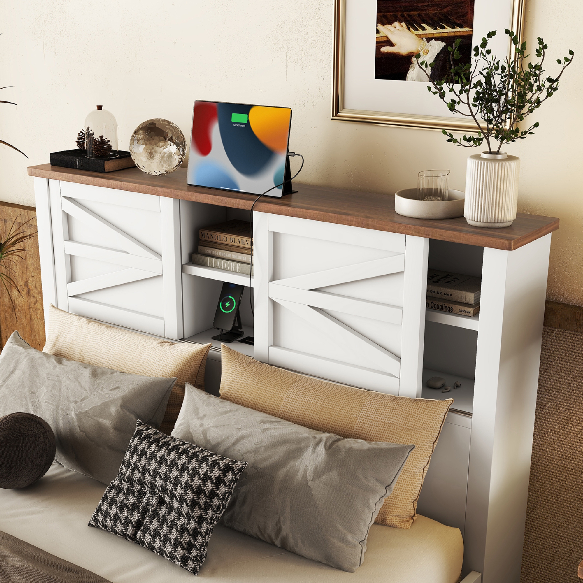 3-Pieces Bedroom Sets Full Size Farmhouse Platform Bed with Double Sliding Door Storage Headboard and Charging Station, Storage Nightstand and Dresser, White+Brown - Image 3