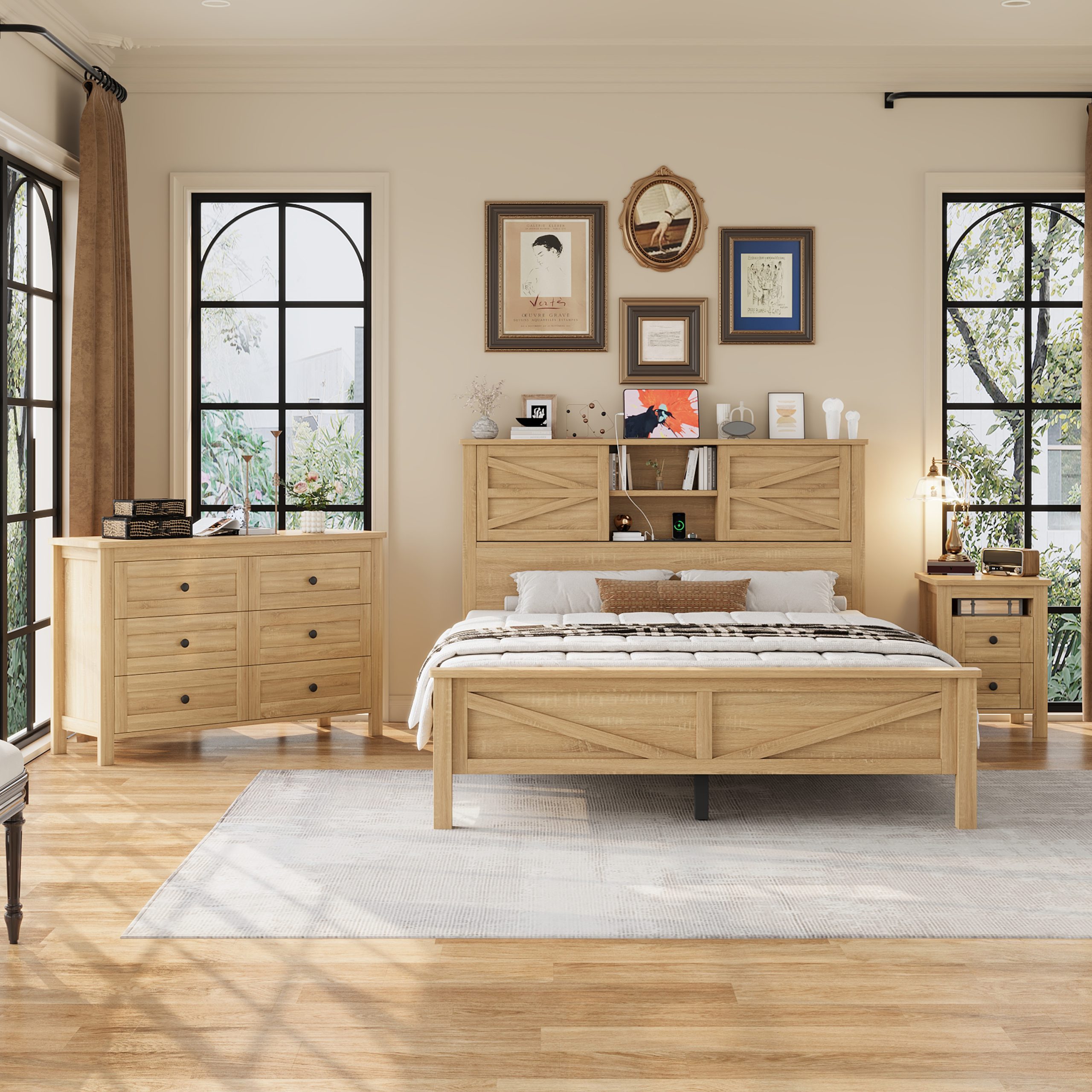3-Pieces Bedroom Sets Queen Size Farmhouse Platform Bed with Double Sliding Door Storage Headboard and Charging Station, Storage Nightstand and Dresser, Natural - Image 2