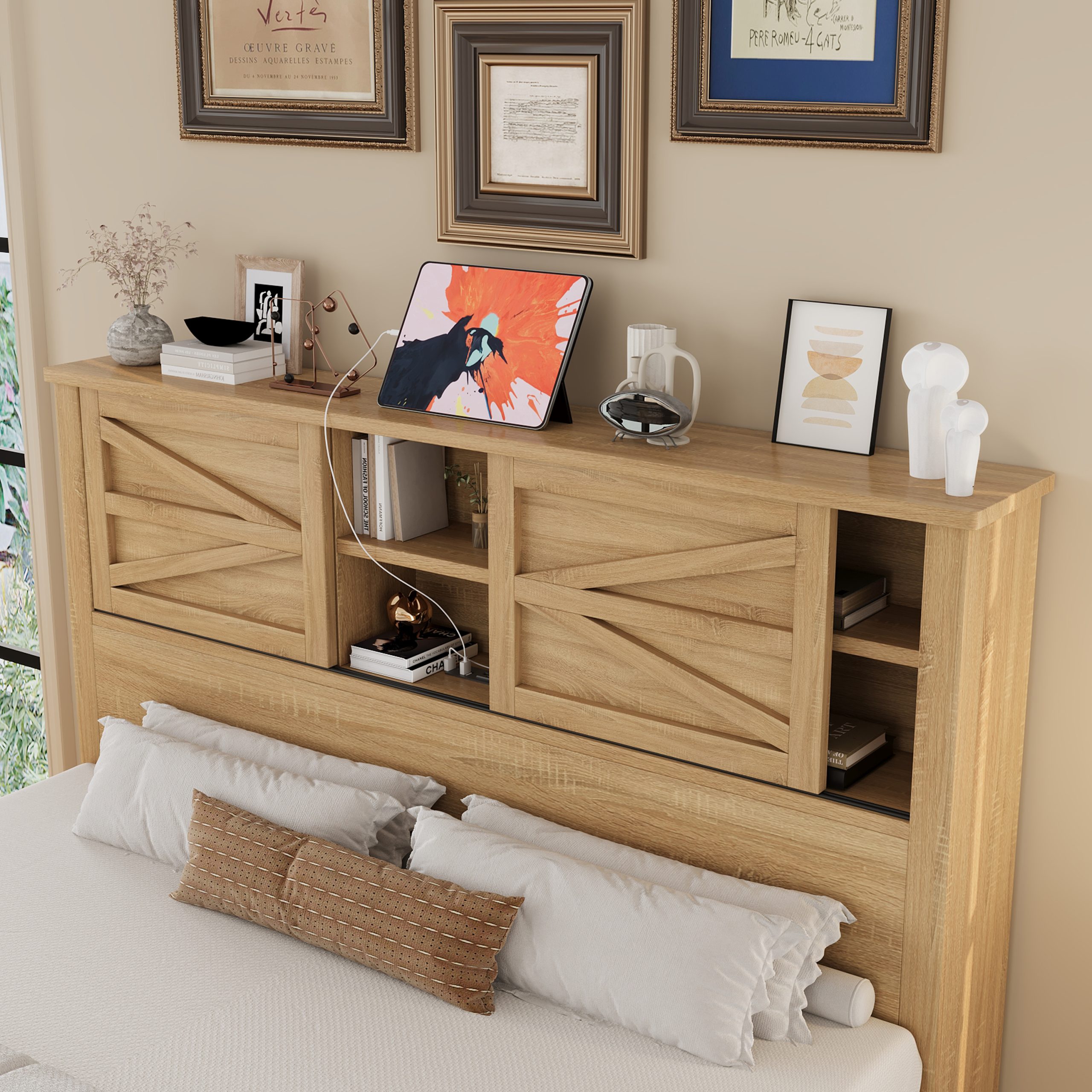 3-Pieces Bedroom Sets Queen Size Farmhouse Platform Bed with Double Sliding Door Storage Headboard and Charging Station, Storage Nightstand and Dresser, Natural - Image 3