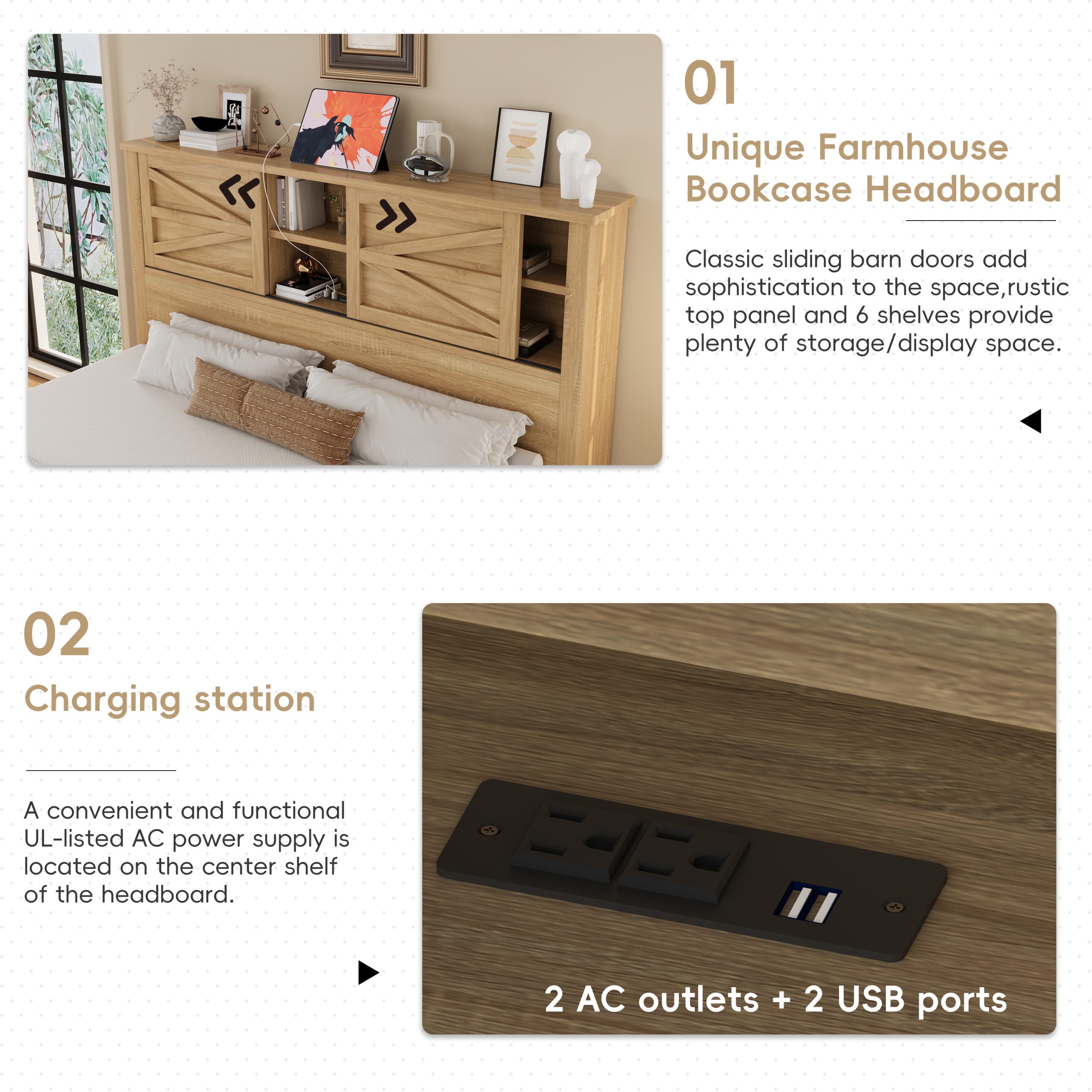 3-Pieces Bedroom Sets Queen Size Farmhouse Platform Bed with Double Sliding Door Storage Headboard and Charging Station, Storage Nightstand and Dresser, Natural - Image 4