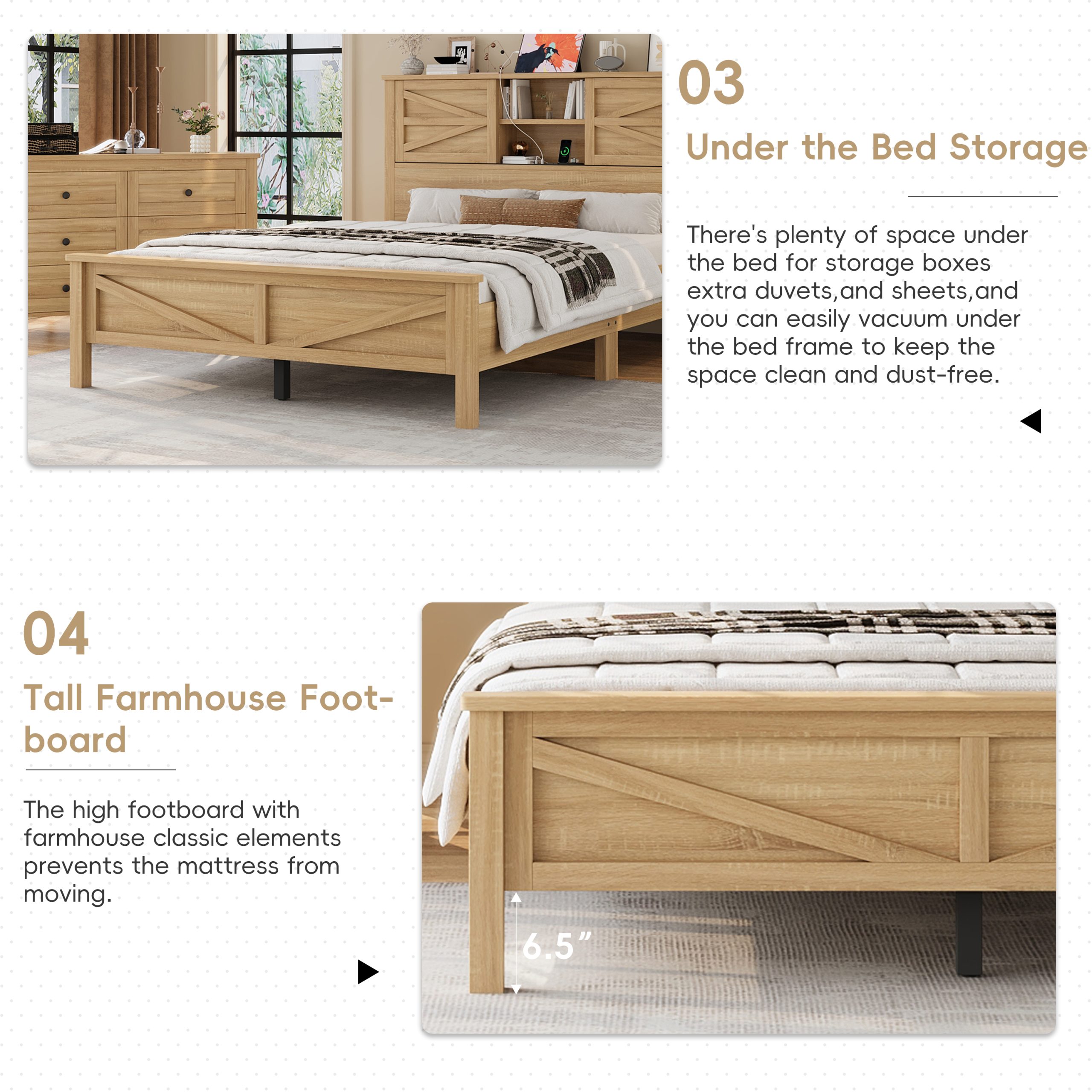 3-Pieces Bedroom Sets Queen Size Farmhouse Platform Bed with Double Sliding Door Storage Headboard and Charging Station, Storage Nightstand and Dresser, Natural - Image 5