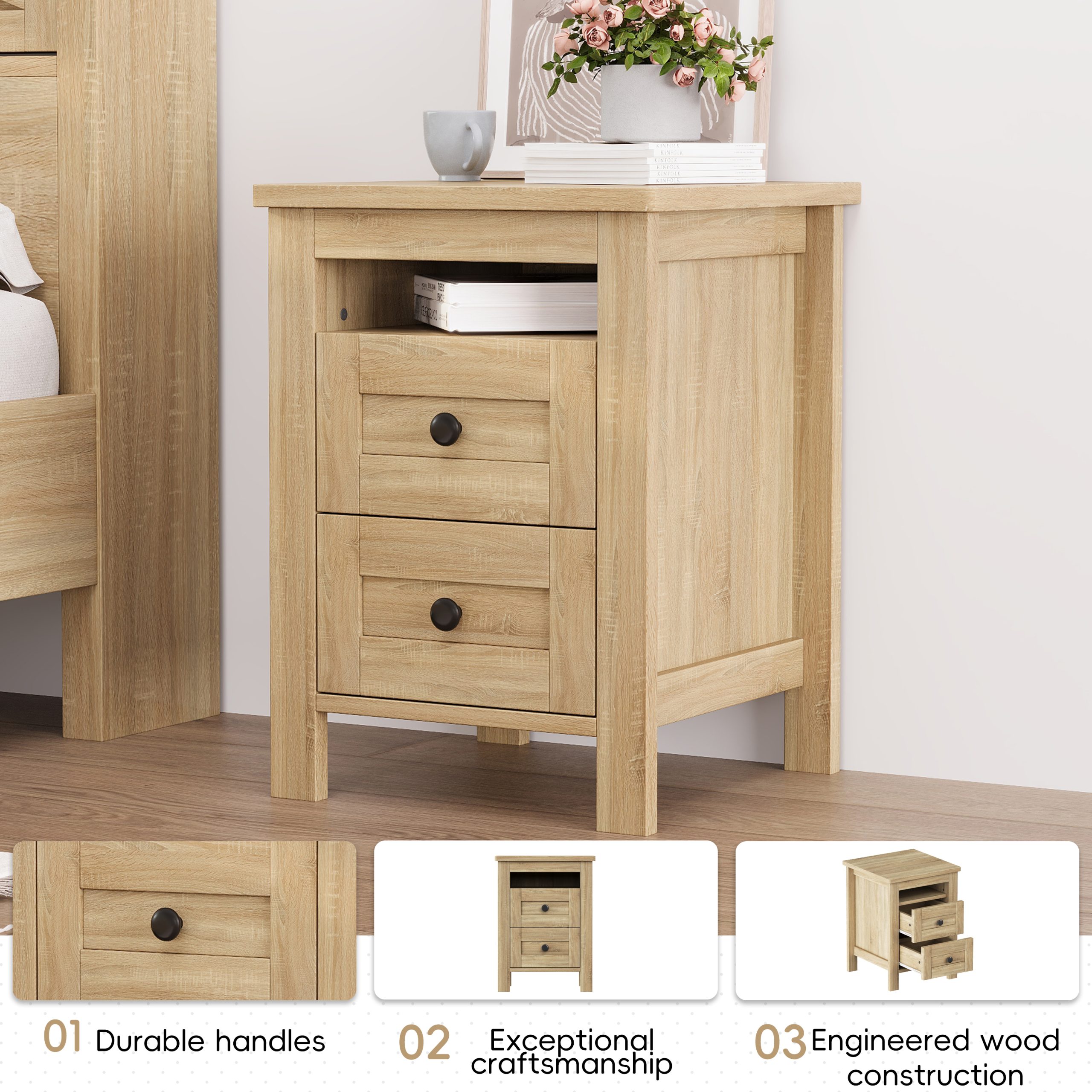 3-Pieces Bedroom Sets Queen Size Farmhouse Platform Bed with Double Sliding Door Storage Headboard and Charging Station, Storage Nightstand and Dresser, Natural - Image 6