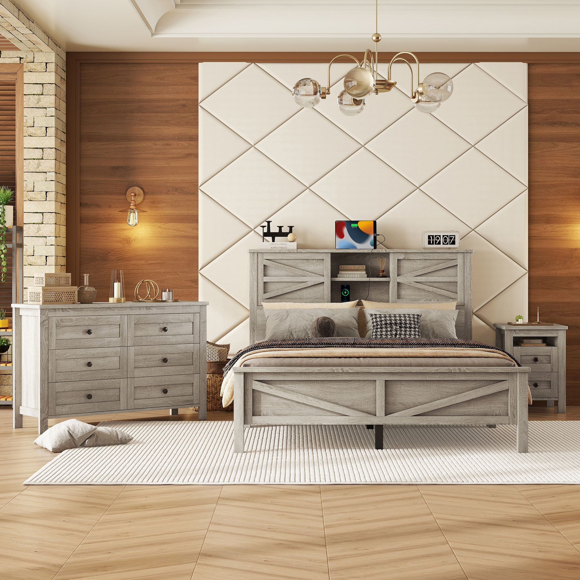 3-Pieces Bedroom Sets Queen Size Farmhouse Platform Bed with Double Sliding Door Storage Headboard and Charging Station, Storage Nightstand and Dresser, Antique Gray - Image 2