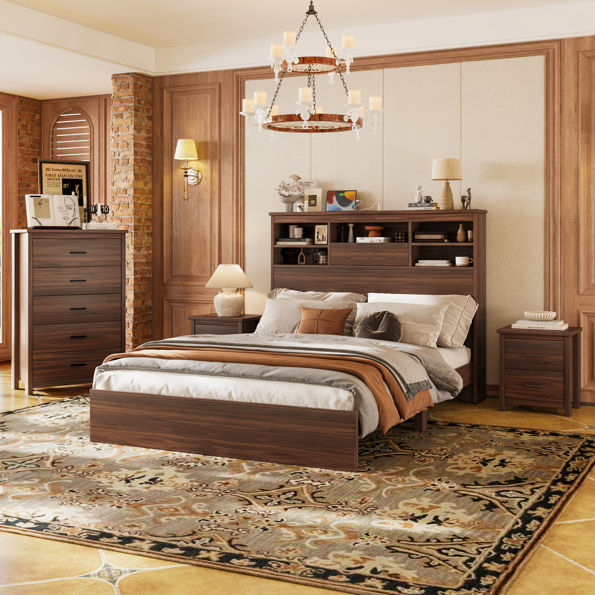4PCS Bedroom Sets, Wooden Queen Size Bed Frame with Storage Headboard and Charging Station, 2 Nightstands with 2 Drawers, 1 Dresser with 5 Drawers, Walnut(old SKU HL000102AAD) - Image 2
