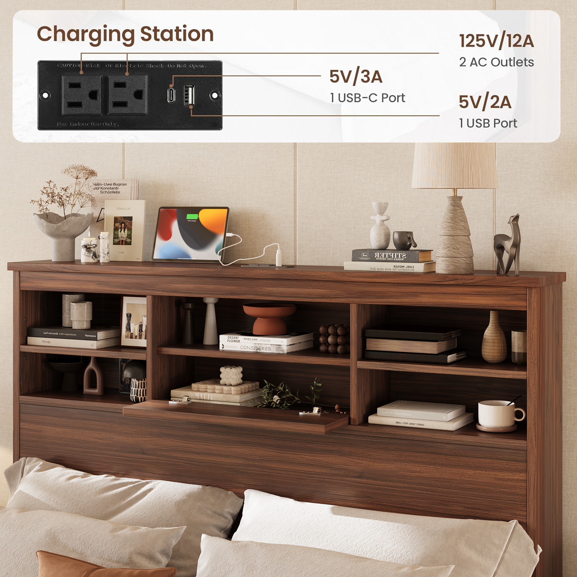 4PCS Bedroom Sets, Wooden Queen Size Bed Frame with Storage Headboard and Charging Station, 2 Nightstands with 2 Drawers, 1 Dresser with 5 Drawers, Walnut(old SKU HL000102AAD) - Image 4
