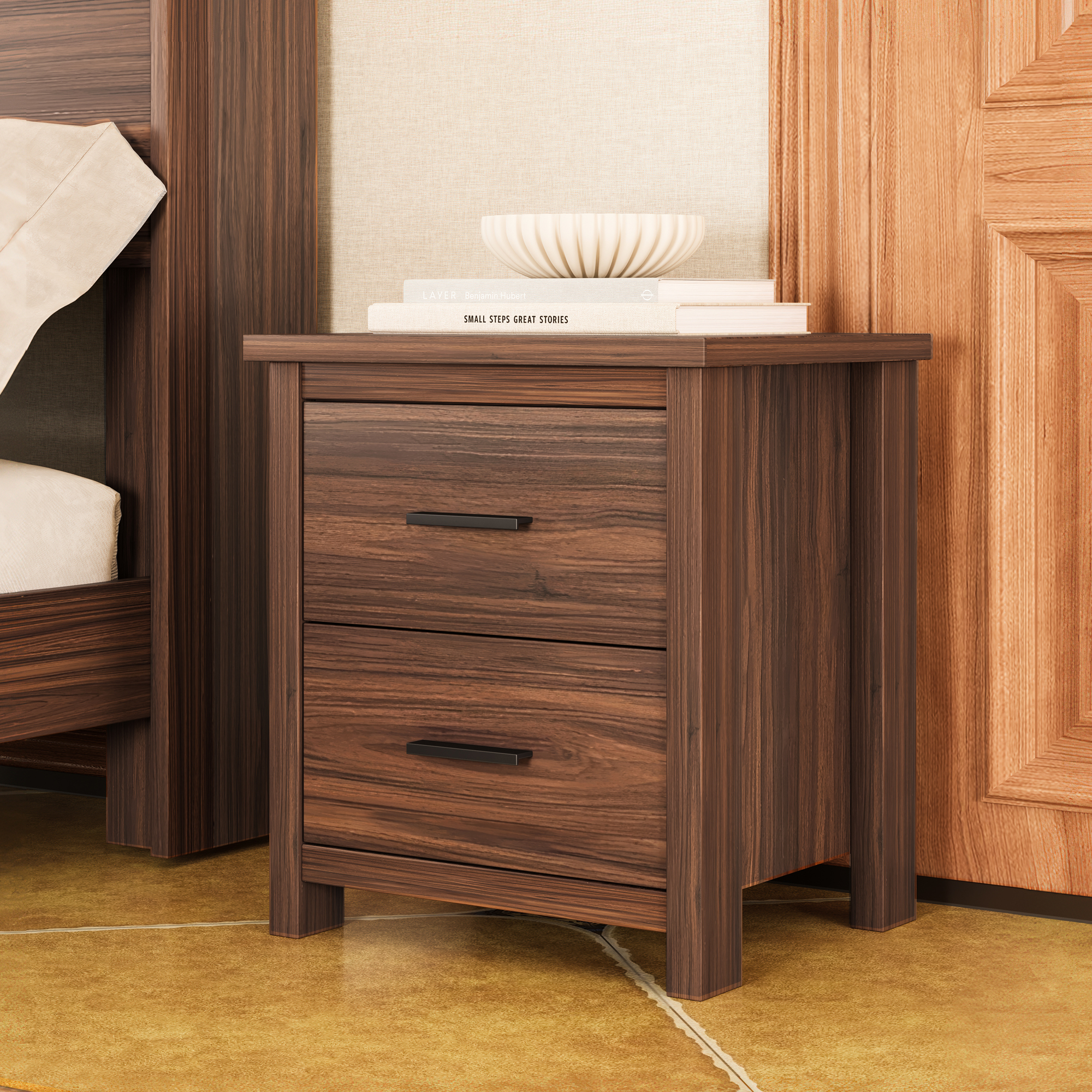 4PCS Bedroom Sets, Wooden Queen Size Bed Frame with Storage Headboard and Charging Station, 2 Nightstands with 2 Drawers, 1 Dresser with 5 Drawers, Walnut(old SKU HL000102AAD) - Image 5