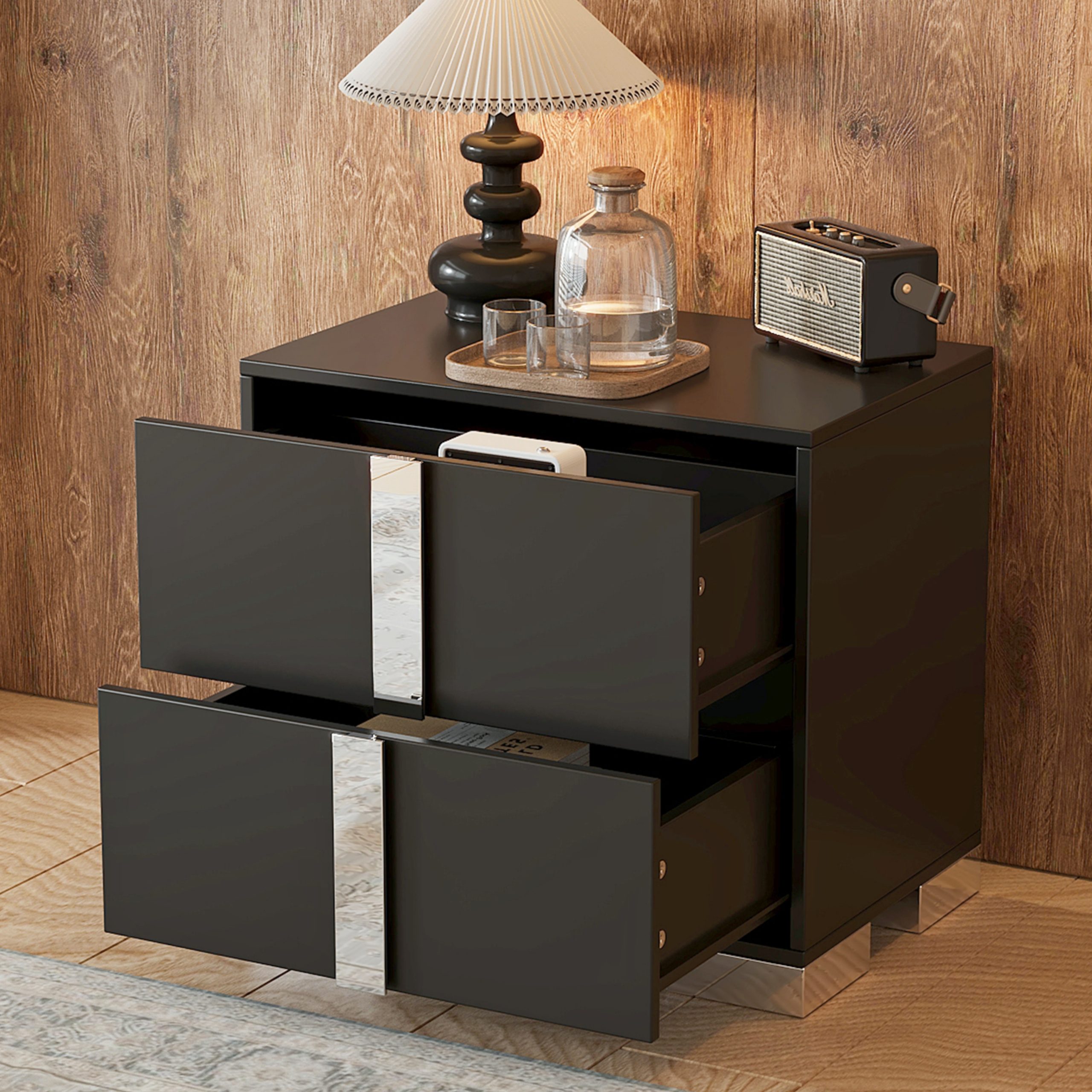 Elegant Nightstand with Metal Foot, Mirrored Bedside Table with 2 Drawers for Bedroom, Living Room, Black - Image 2