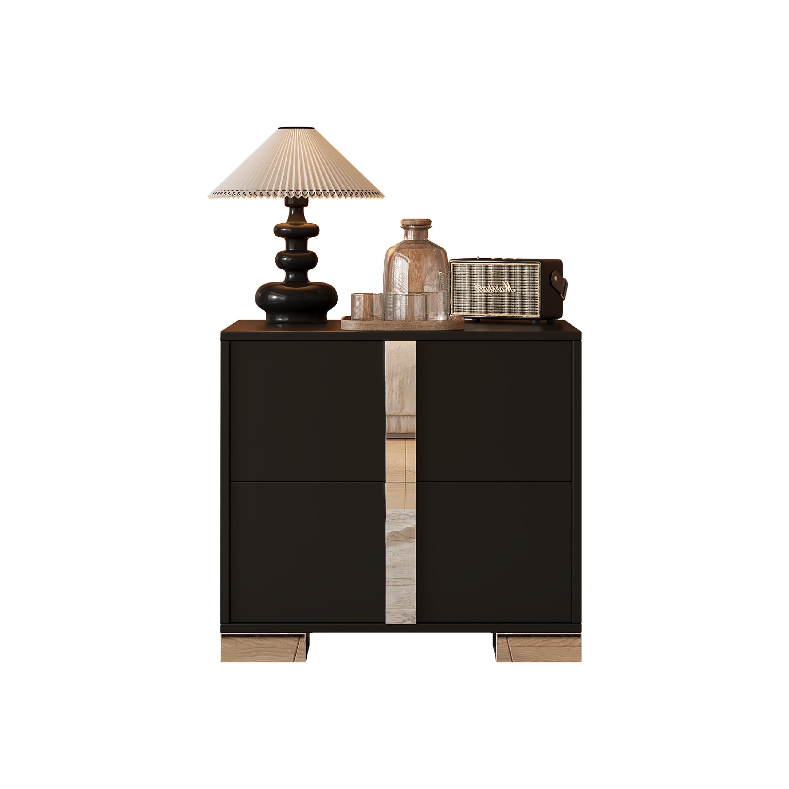 Elegant Nightstand with Metal Foot, Mirrored Bedside Table with 2 Drawers for Bedroom, Living Room, Black - Image 3