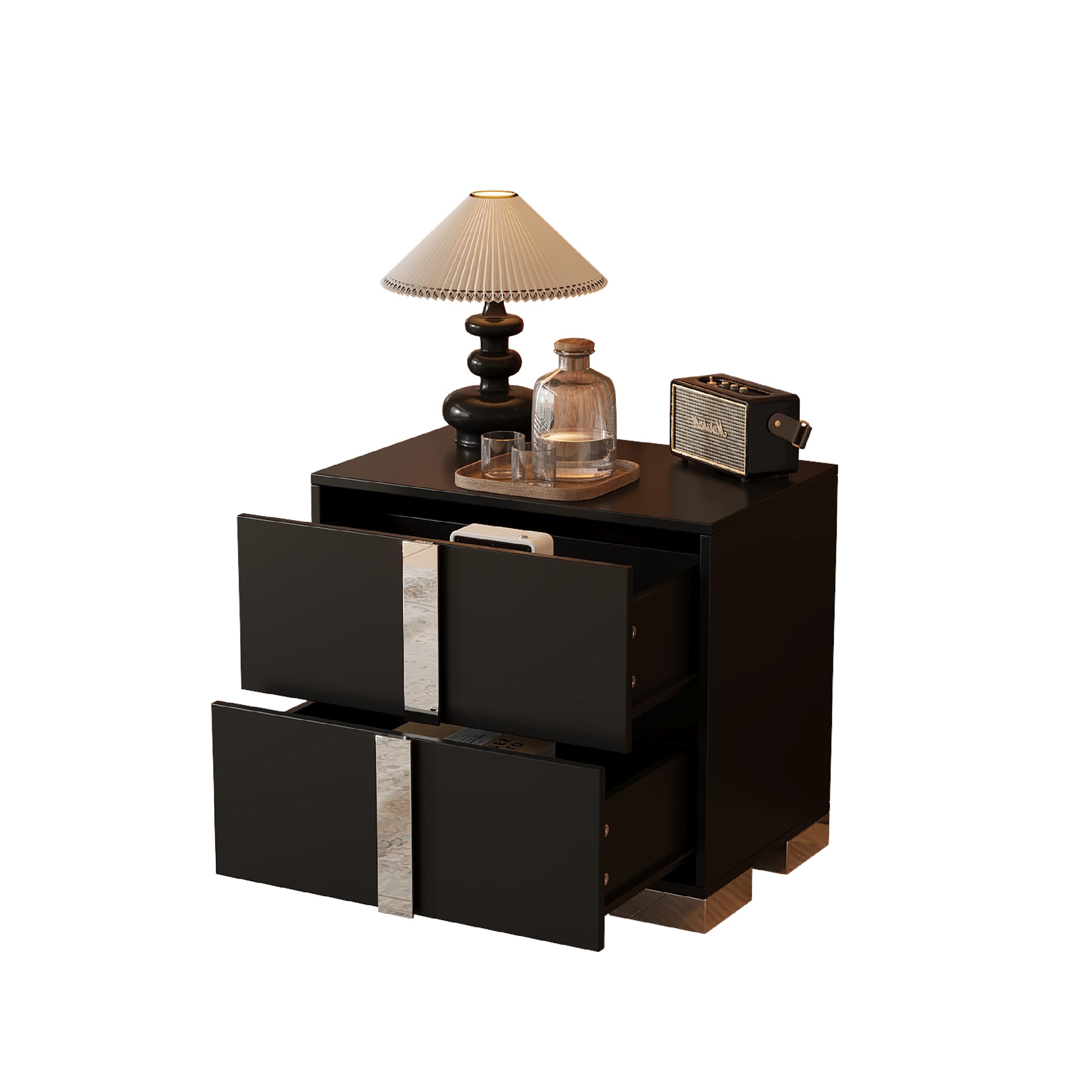 Elegant Nightstand with Metal Foot, Mirrored Bedside Table with 2 Drawers for Bedroom, Living Room, Black - Image 4