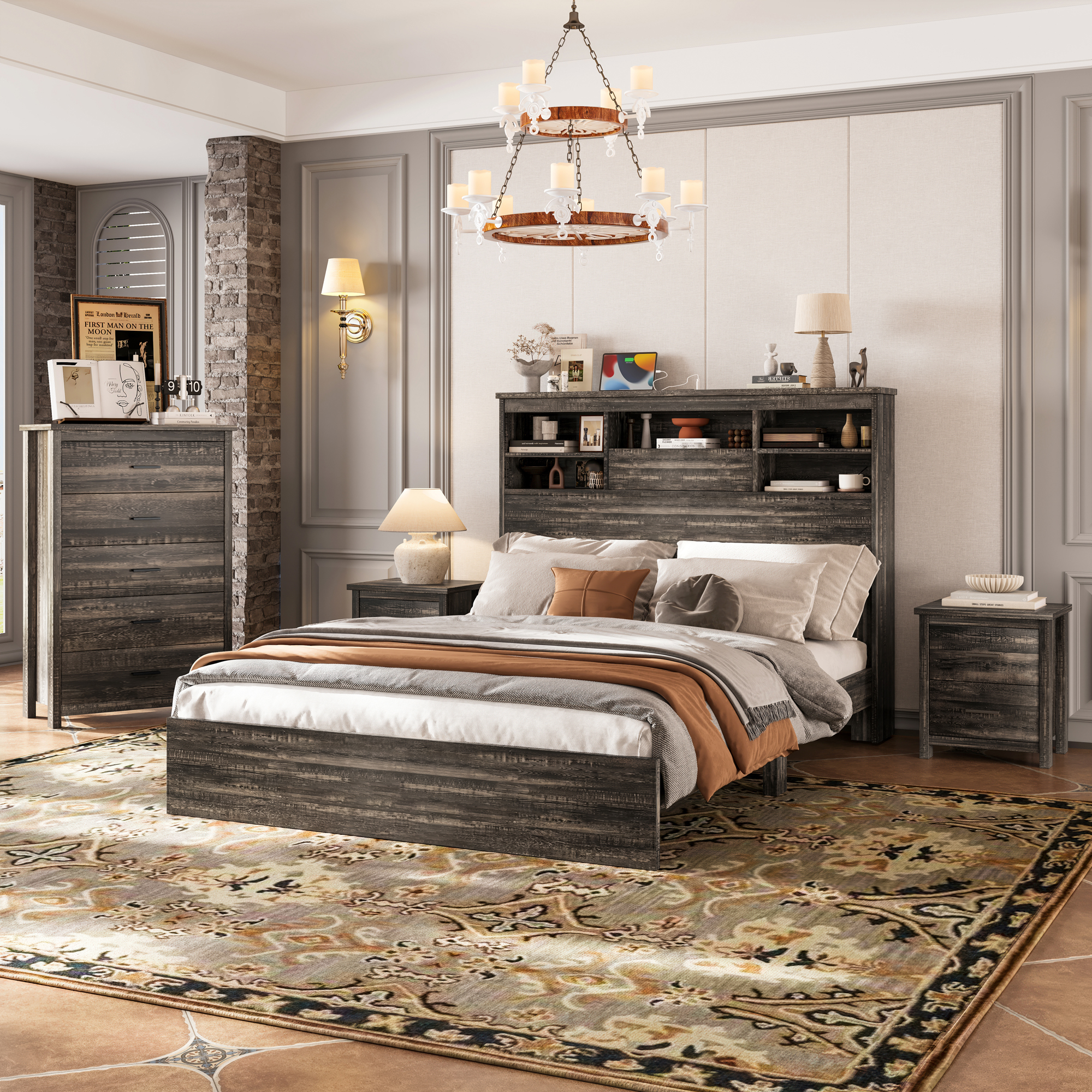 4PCS Bedroom Sets, Wooden Queen Size Bed Frame with Storage Headboard and Charging Station, 2 Nightstands with 2 Drawers, 1 Dresser with 5 Drawers, Antique Gray - Image 2
