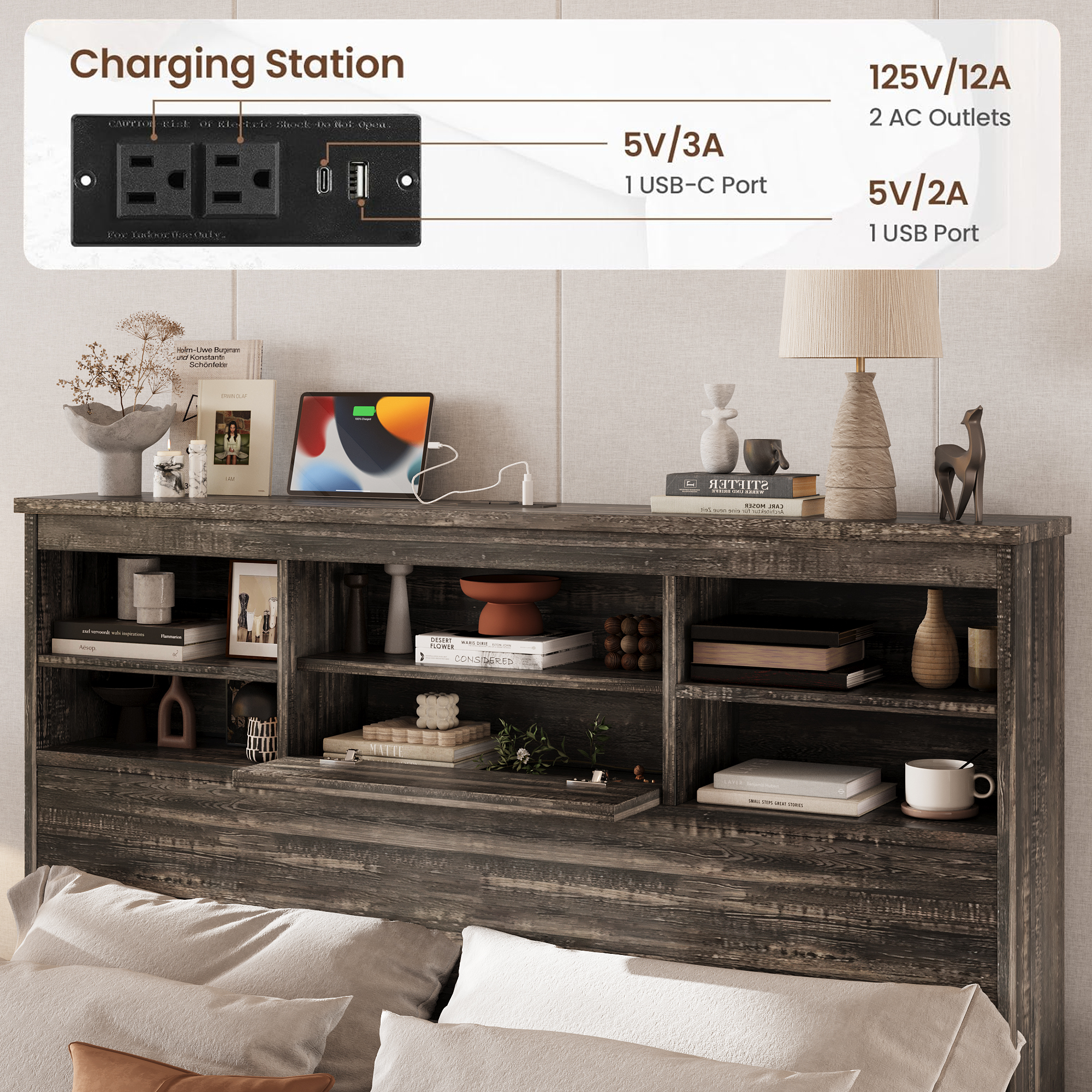 4PCS Bedroom Sets, Wooden Queen Size Bed Frame with Storage Headboard and Charging Station, 2 Nightstands with 2 Drawers, 1 Dresser with 5 Drawers, Antique Gray - Image 4