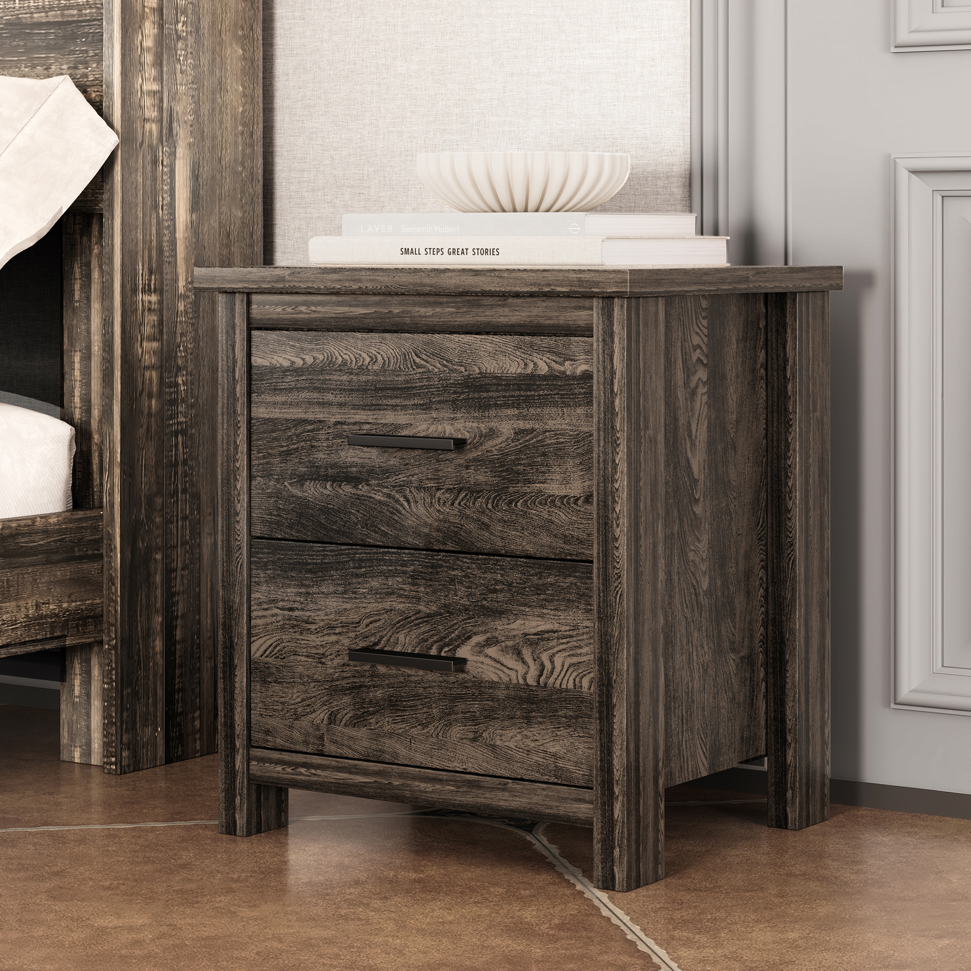 4PCS Bedroom Sets, Wooden Queen Size Bed Frame with Storage Headboard and Charging Station, 2 Nightstands with 2 Drawers, 1 Dresser with 5 Drawers, Antique Gray - Image 6