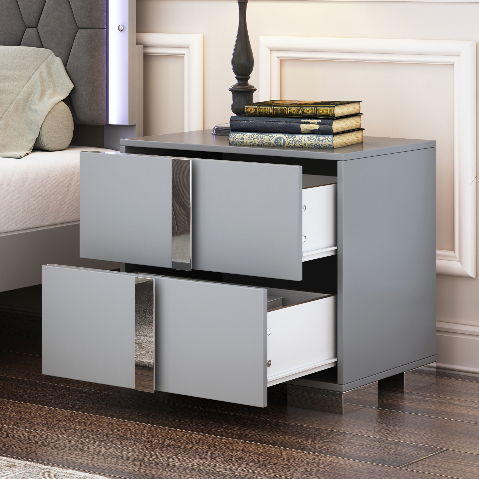 Elegant Nightstand with Metal Foot, Mirrored Bedside Table with 2 Drawers for Bedroom, Living Room, Gray (Old SKU: WF319353AAE) - Image 2