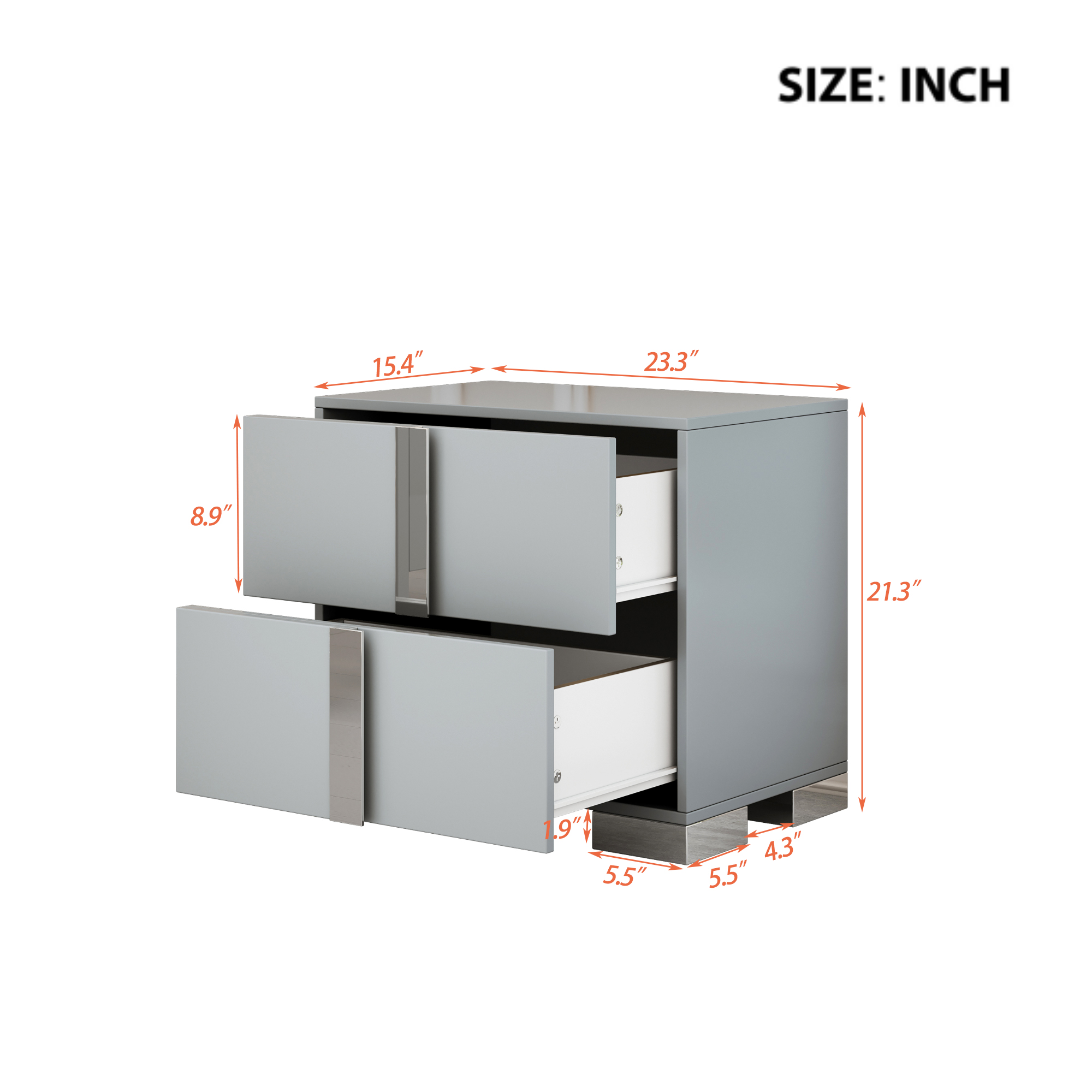 Elegant Nightstand with Metal Foot, Mirrored Bedside Table with 2 Drawers for Bedroom, Living Room, Gray (Old SKU: WF319353AAE) - Image 6