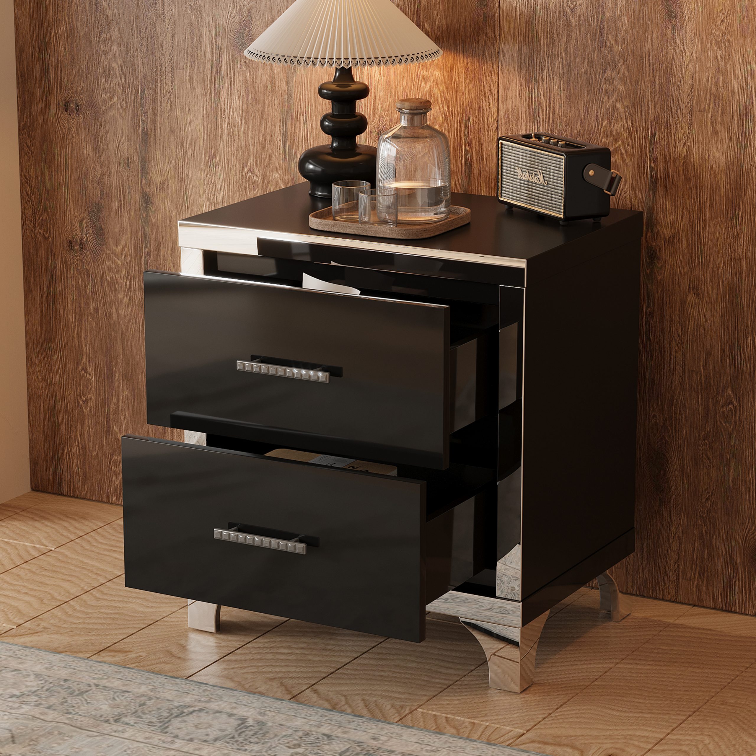 Elegant High Gloss Nightstand with Metal Handle,Mirrored Bedside Table with 2 Drawers for Bedroom,Living Room,Black - Image 2