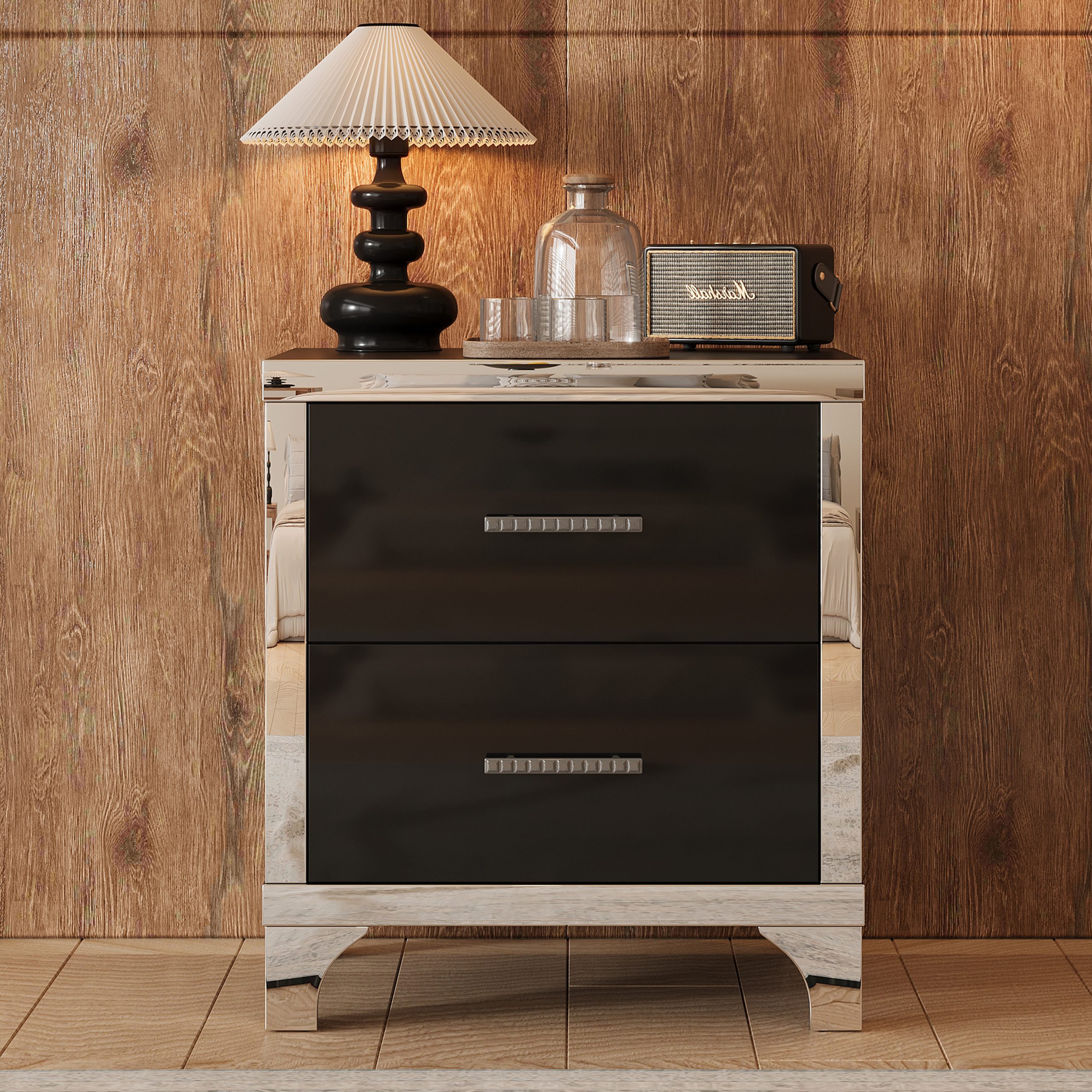 Elegant High Gloss Nightstand with Metal Handle,Mirrored Bedside Table with 2 Drawers for Bedroom,Living Room,Black - Image 3