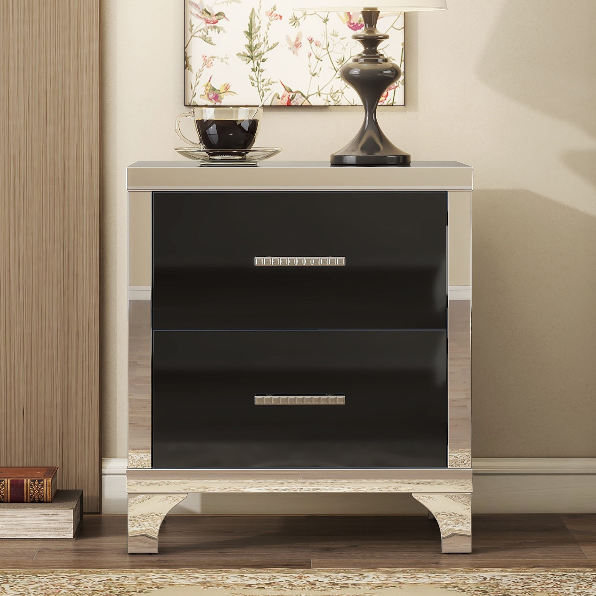Elegant High Gloss Nightstand with Metal Handle,Mirrored Bedside Table with 2 Drawers for Bedroom,Living Room,Black - Image 4