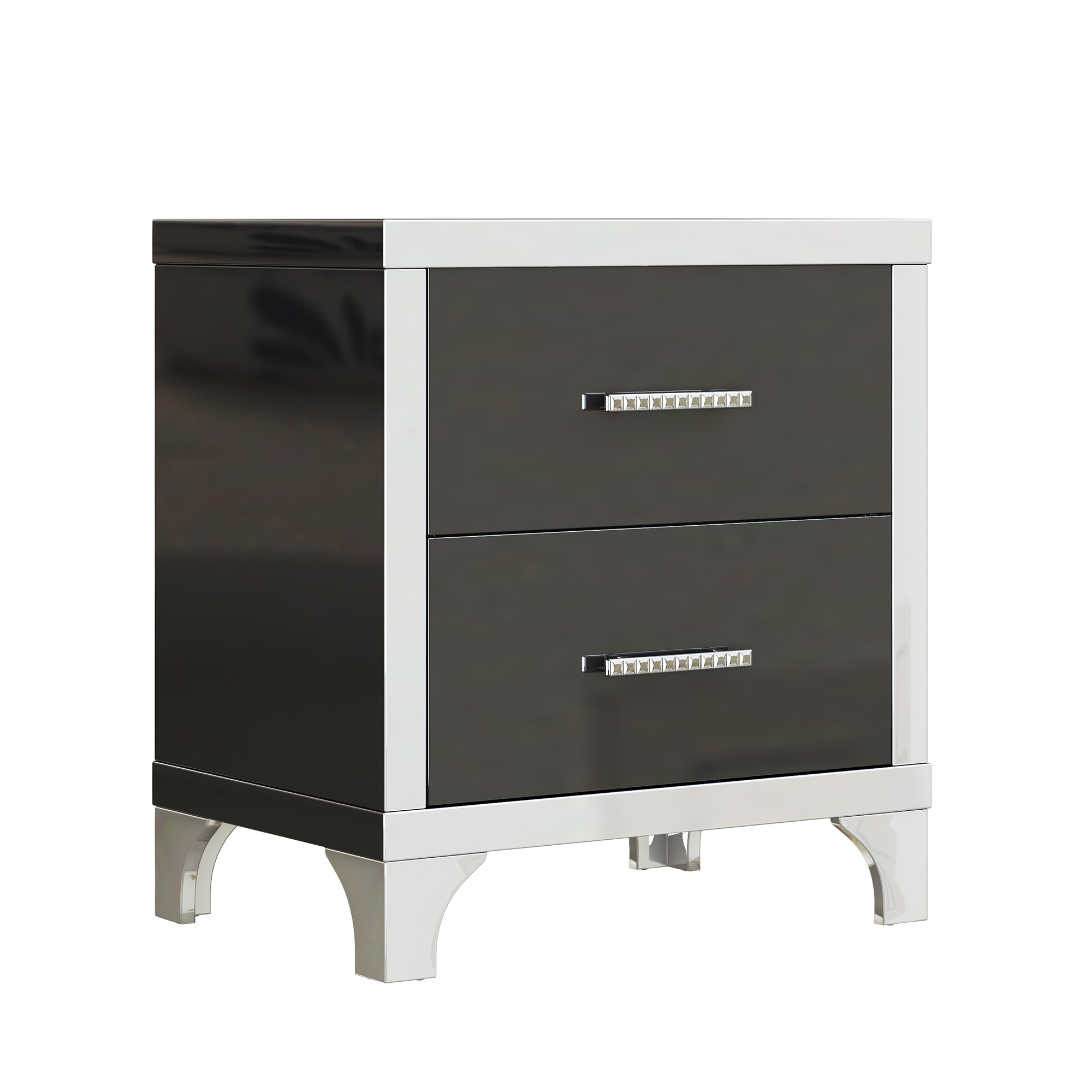 Elegant High Gloss Nightstand with Metal Handle,Mirrored Bedside Table with 2 Drawers for Bedroom,Living Room,Black - Image 6