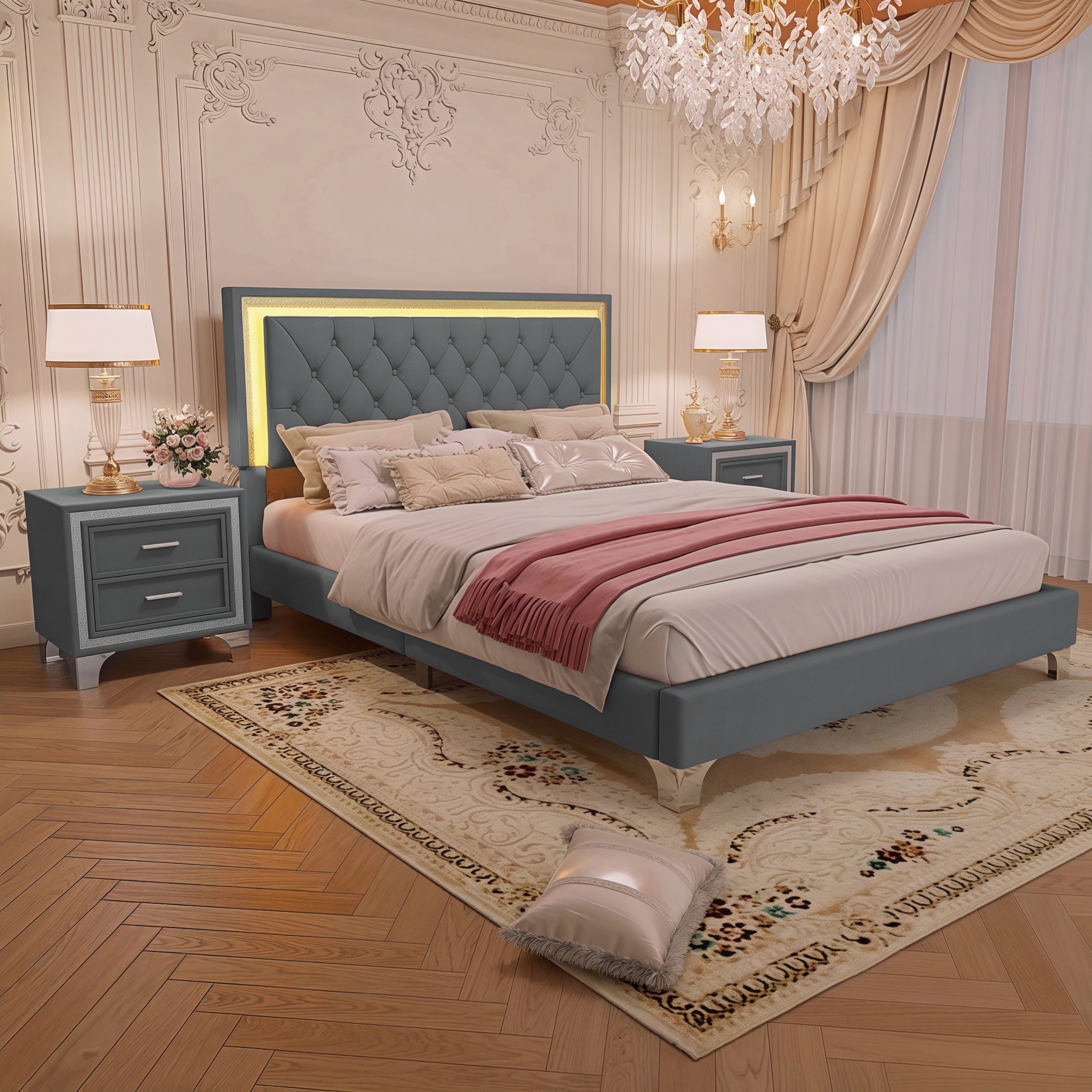 3-Pieces Bedroom Sets,Queen Size Upholstered Platform Bed with LED Lights and Two Nightstands-Gray - Image 2
