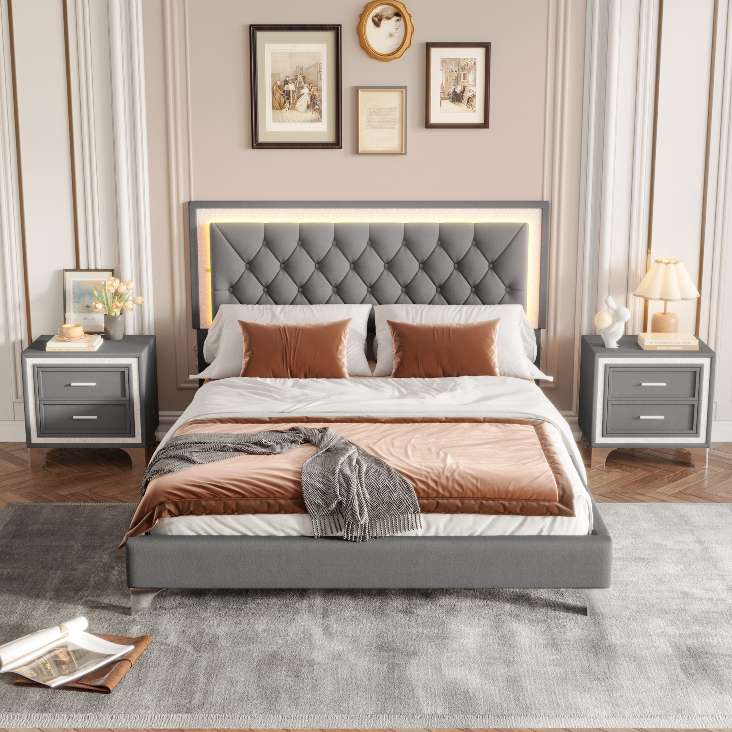 3-Pieces Bedroom Sets,Queen Size Upholstered Platform Bed with LED Lights and Two Nightstands-Gray - Image 3