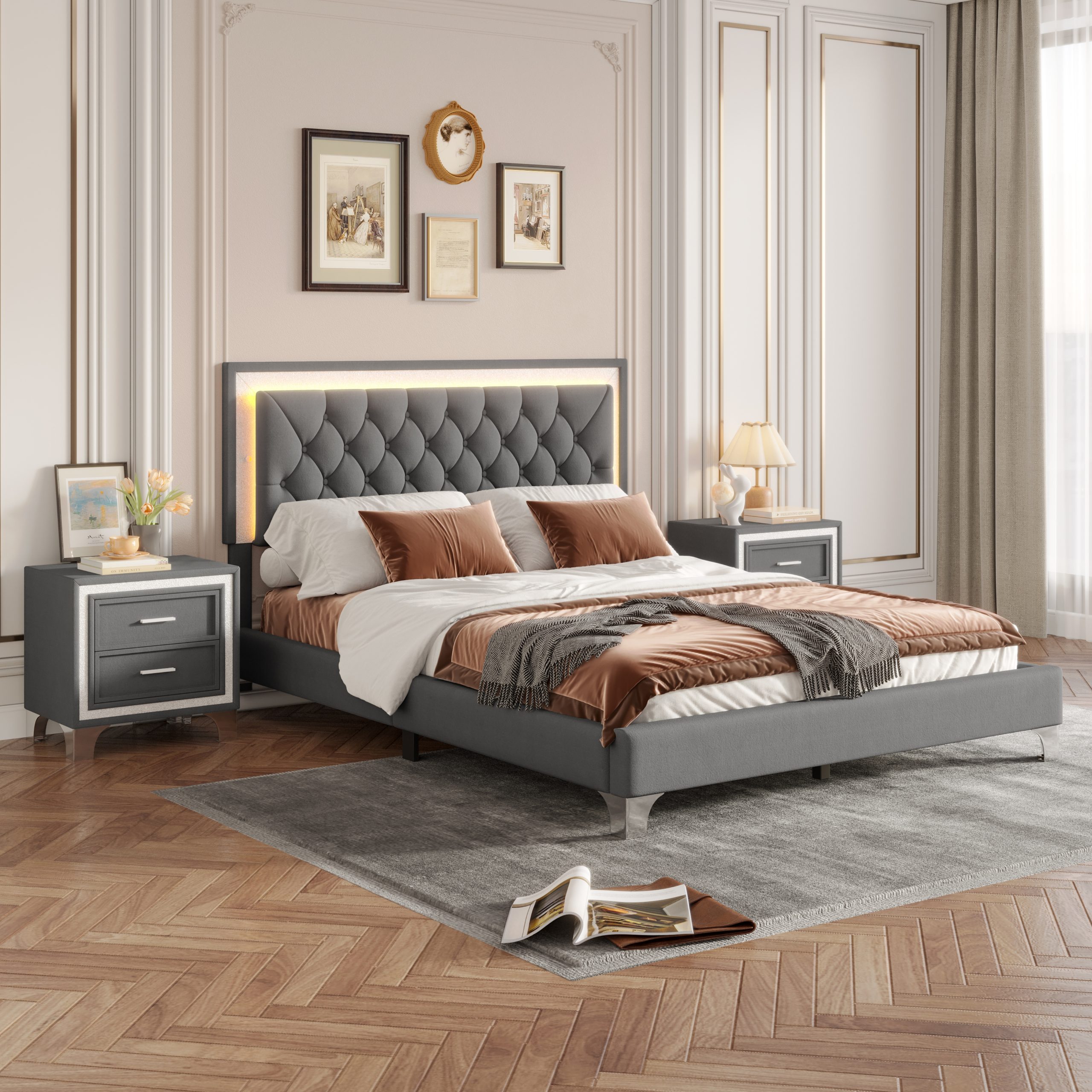 3-Pieces Bedroom Sets,Queen Size Upholstered Platform Bed with LED Lights and Two Nightstands-Gray - Image 4