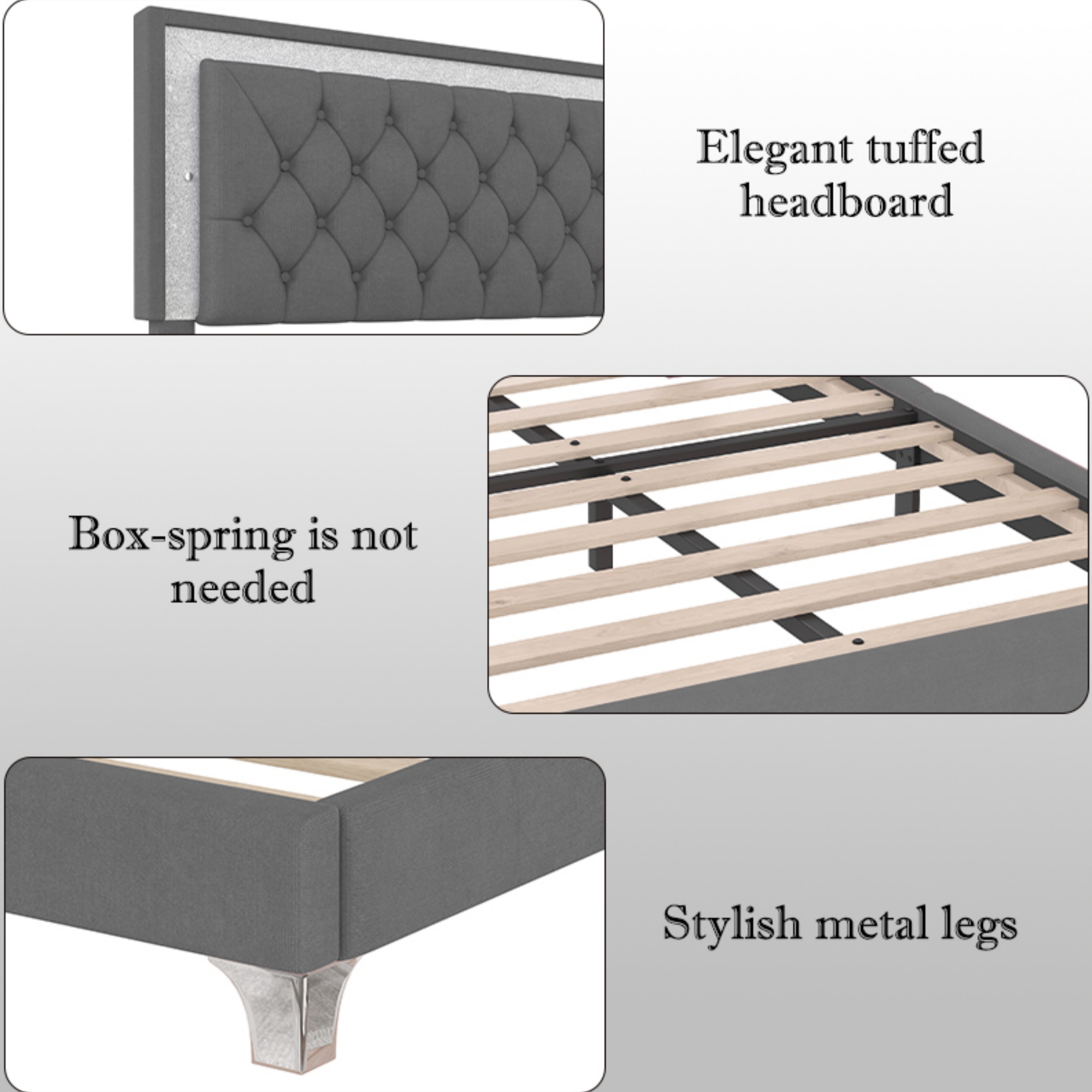 3-Pieces Bedroom Sets,Queen Size Upholstered Platform Bed with LED Lights and Two Nightstands-Gray - Image 6