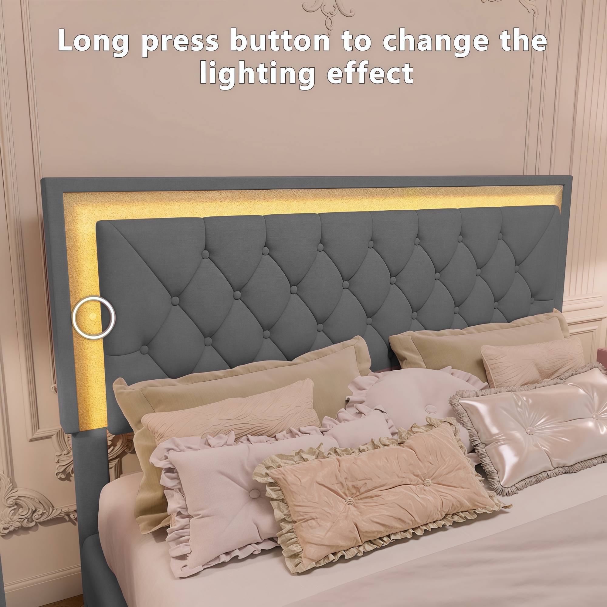 3-Pieces Bedroom Sets,Queen Size Upholstered Platform Bed with LED Lights and Two Nightstands-Gray - Image 5
