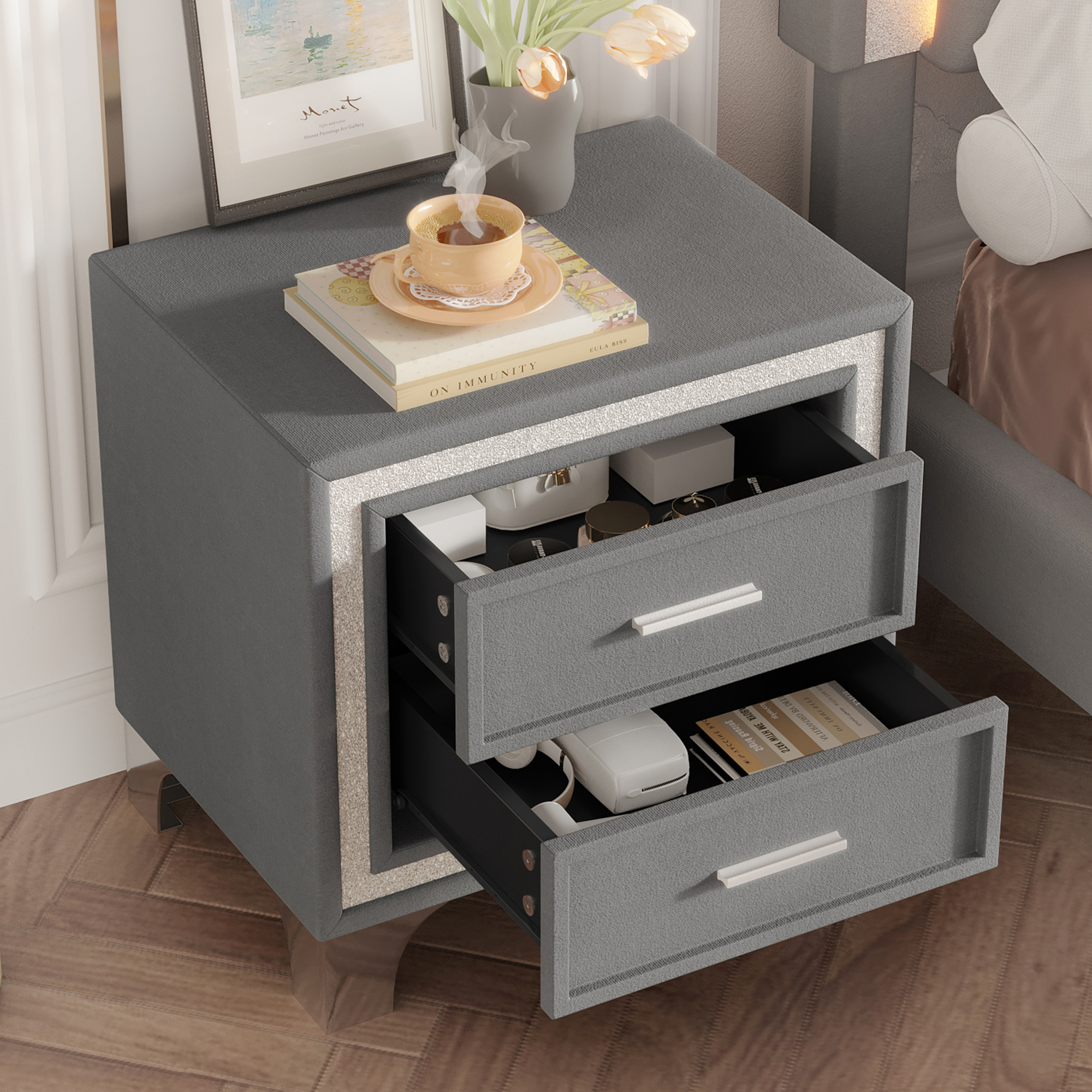 Mid Century Vintage Nightstand with Silver Glitter Strip Decor and Metal Legs, Velvet Bedside Table with 2 Drawers, Fully Assembled Except Legs and Handles, Gray - Image 2
