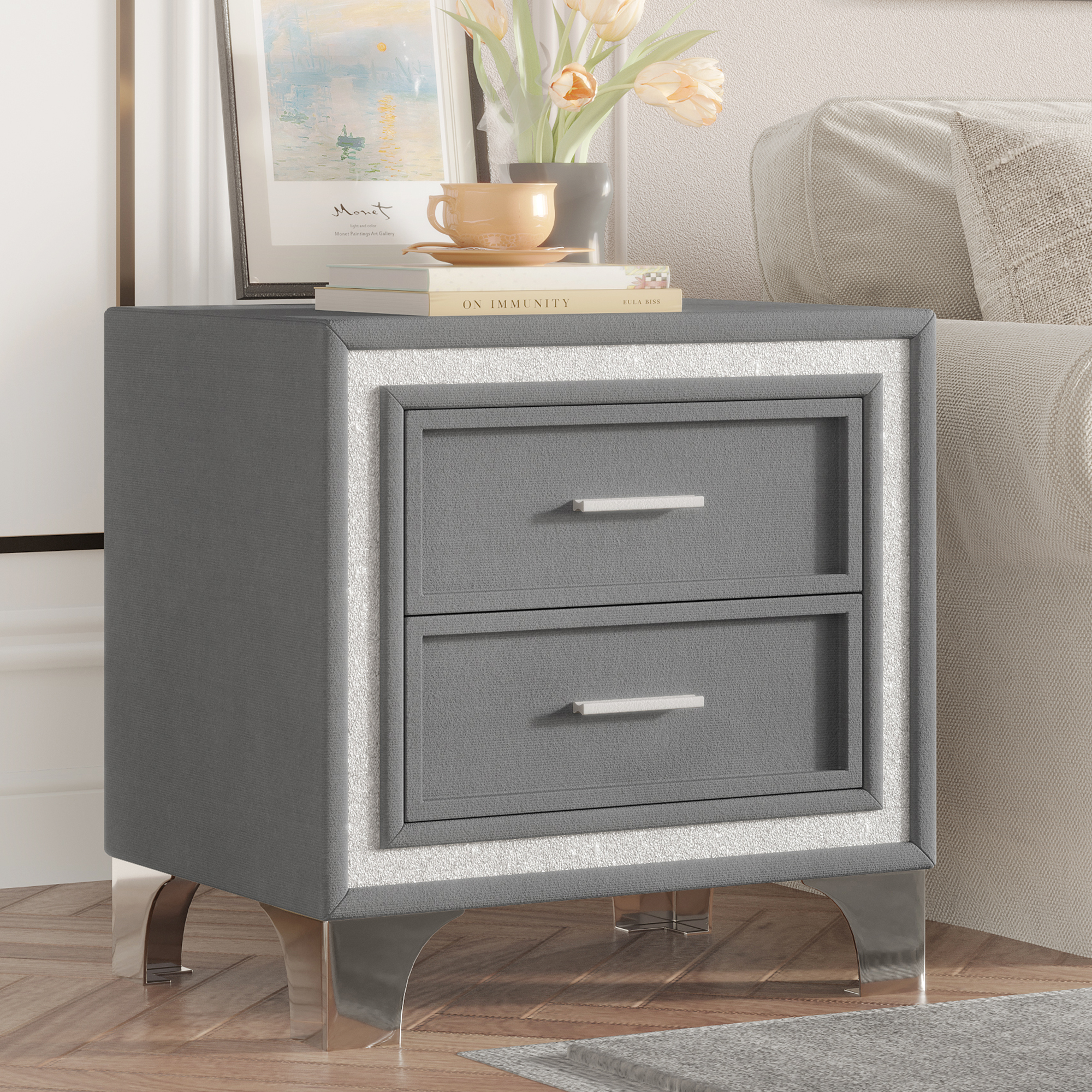 Mid Century Vintage Nightstand with Silver Glitter Strip Decor and Metal Legs, Velvet Bedside Table with 2 Drawers, Fully Assembled Except Legs and Handles, Gray - Image 3