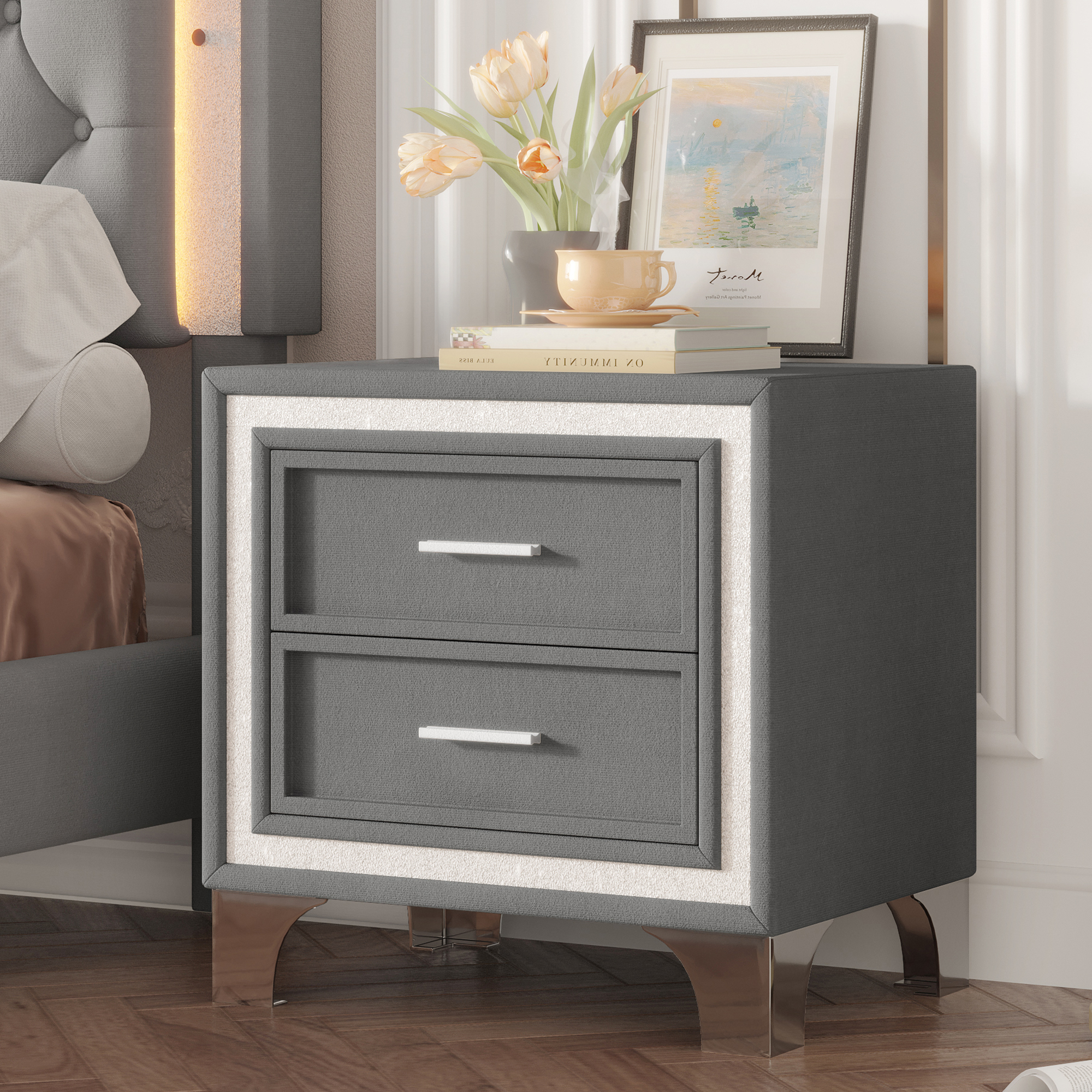 Mid Century Vintage Nightstand with Silver Glitter Strip Decor and Metal Legs, Velvet Bedside Table with 2 Drawers, Fully Assembled Except Legs and Handles, Gray - Image 4