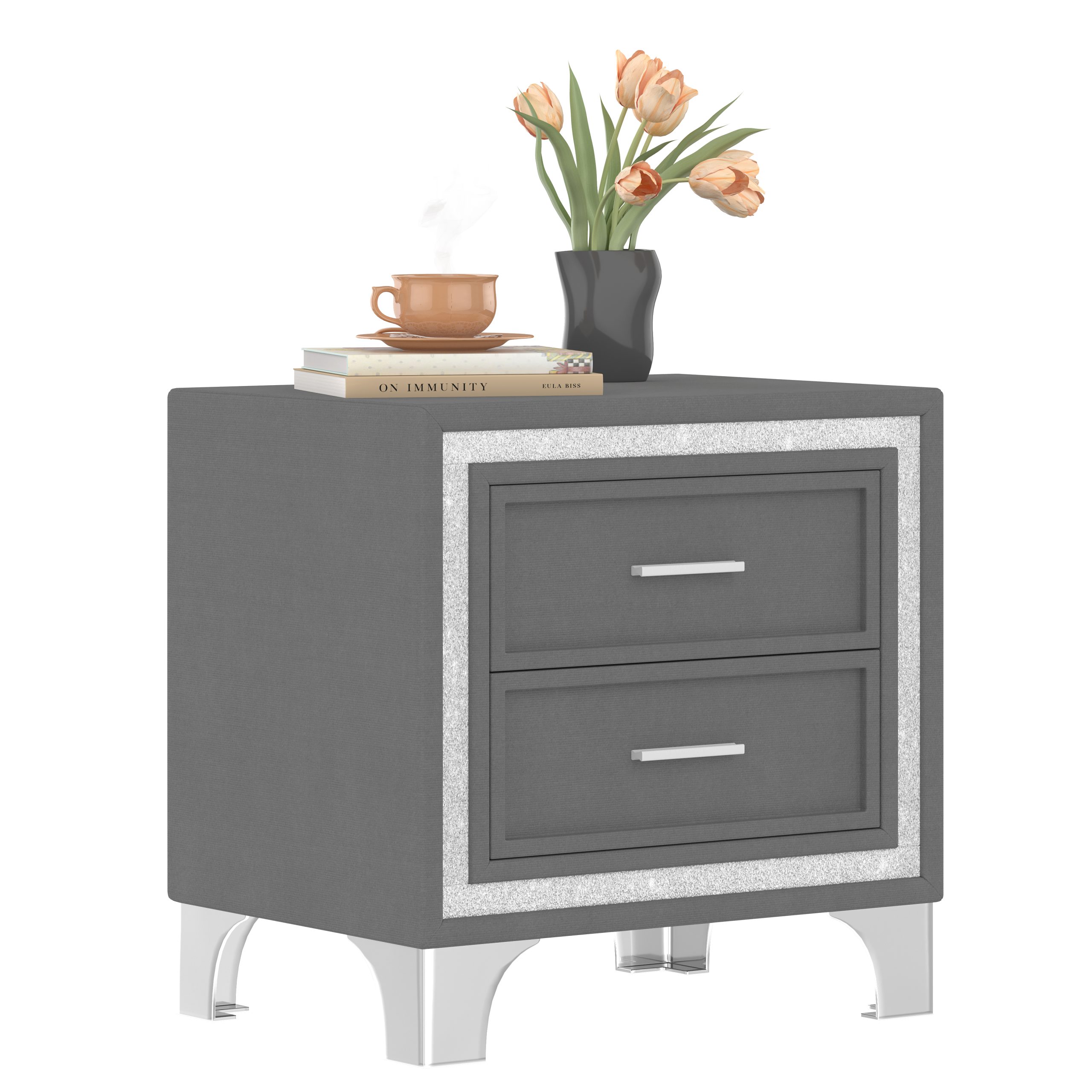 Mid Century Vintage Nightstand with Silver Glitter Strip Decor and Metal Legs, Velvet Bedside Table with 2 Drawers, Fully Assembled Except Legs and Handles, Gray - Image 5