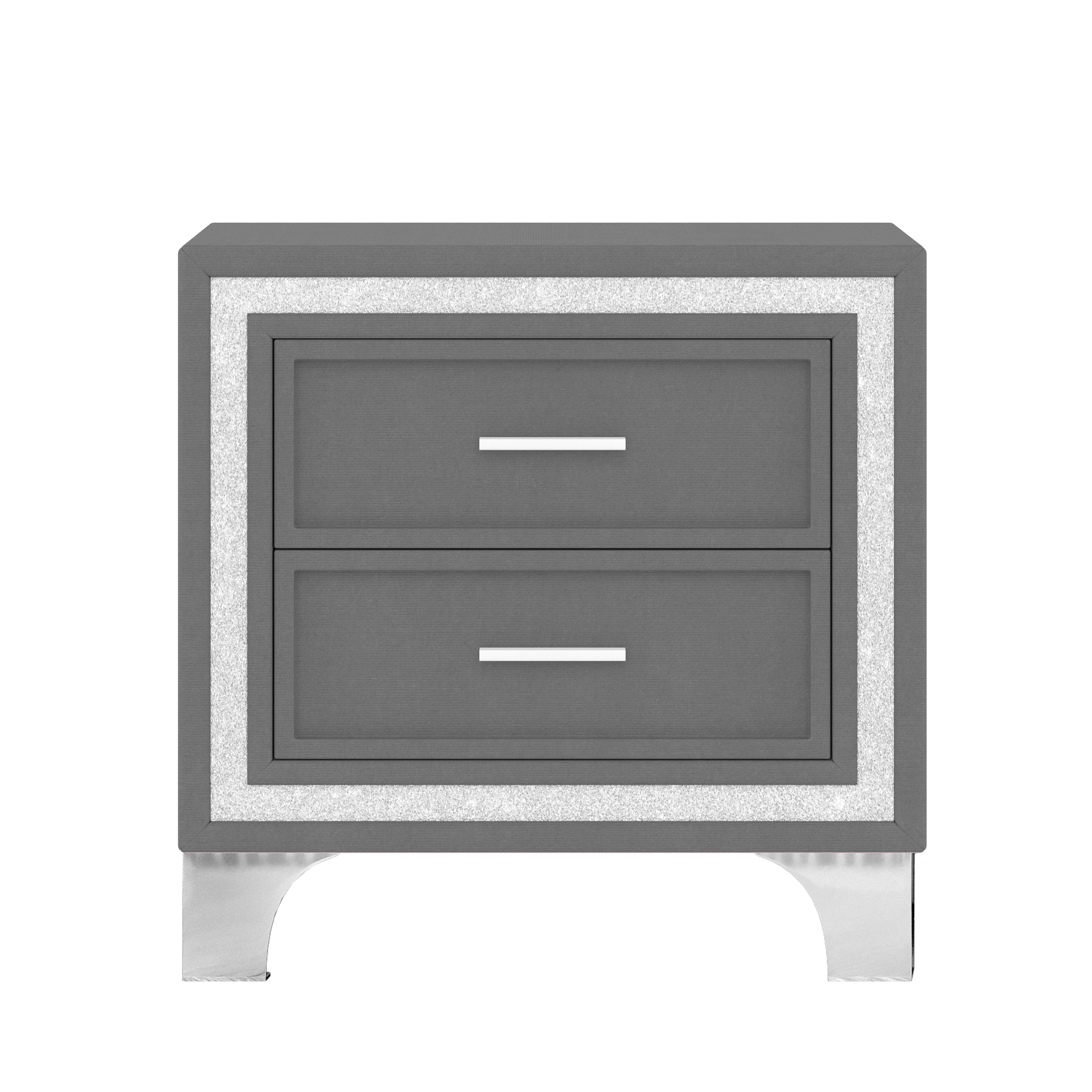 Mid Century Vintage Nightstand with Silver Glitter Strip Decor and Metal Legs, Velvet Bedside Table with 2 Drawers, Fully Assembled Except Legs and Handles, Gray - Image 6