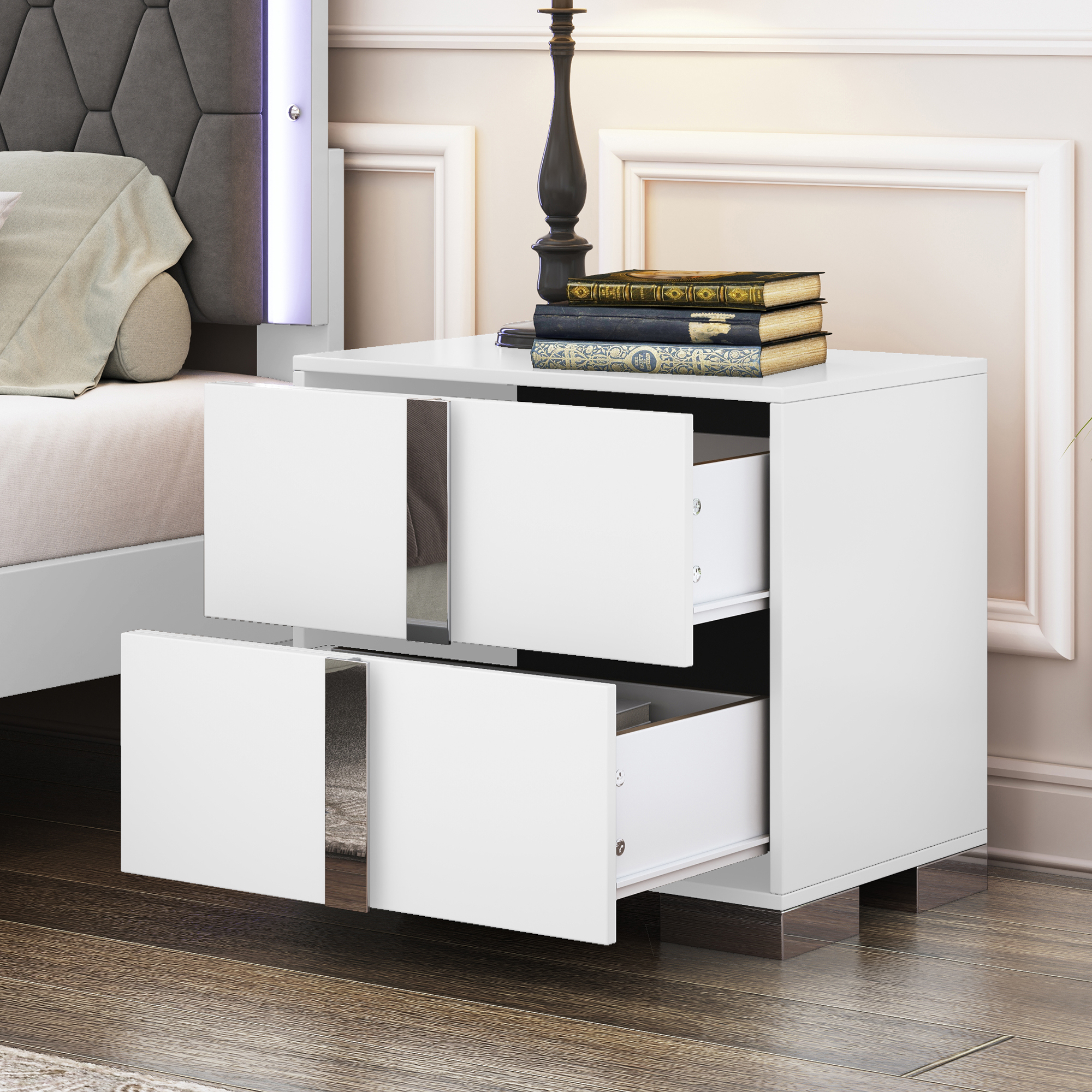 Elegant Nightstand with Metal Foot, Mirrored Bedside Table with 2 Drawers for Bedroom, Living Room, White (Old SKU: WF319353AAK) - Image 2