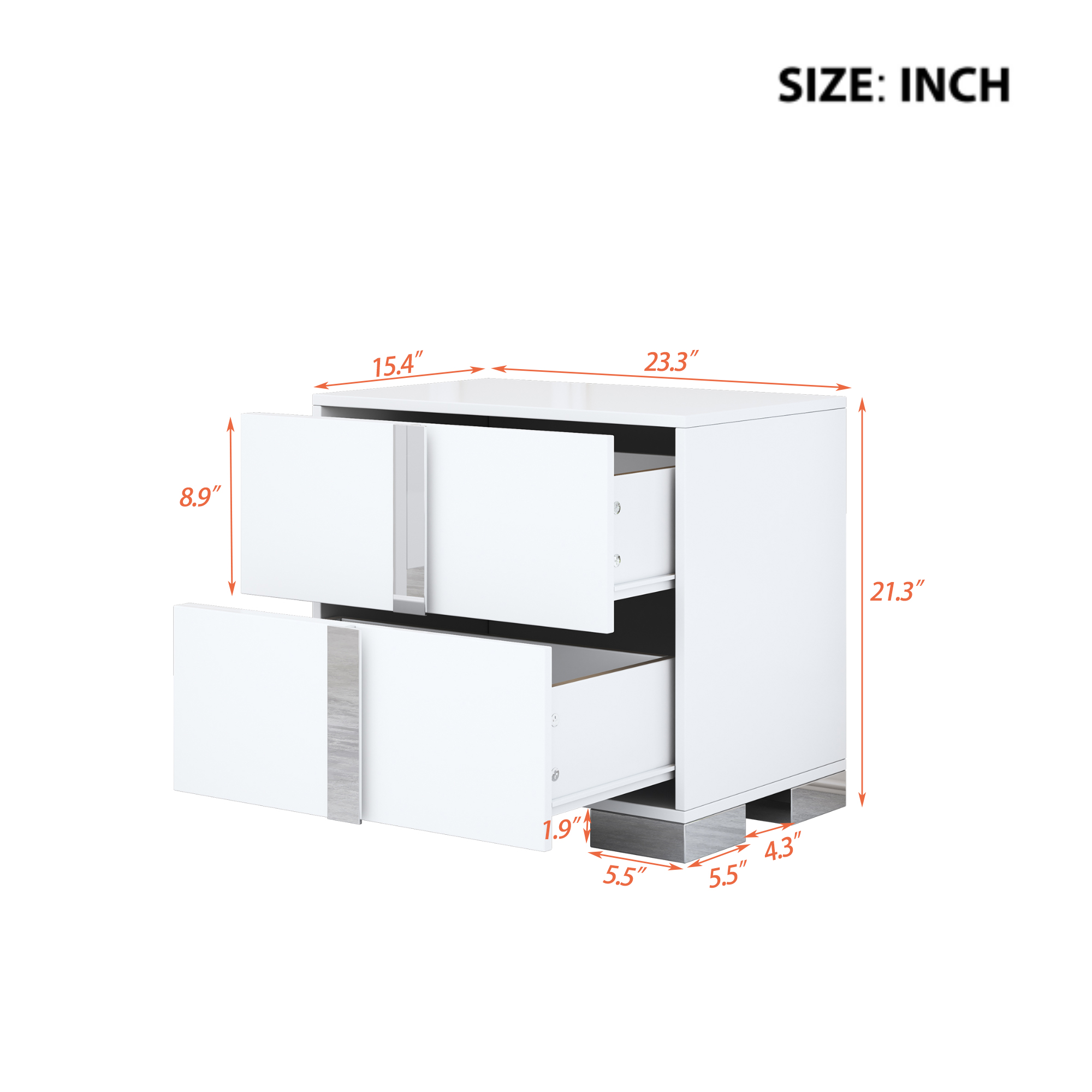 Elegant Nightstand with Metal Foot, Mirrored Bedside Table with 2 Drawers for Bedroom, Living Room, White (Old SKU: WF319353AAK) - Image 6
