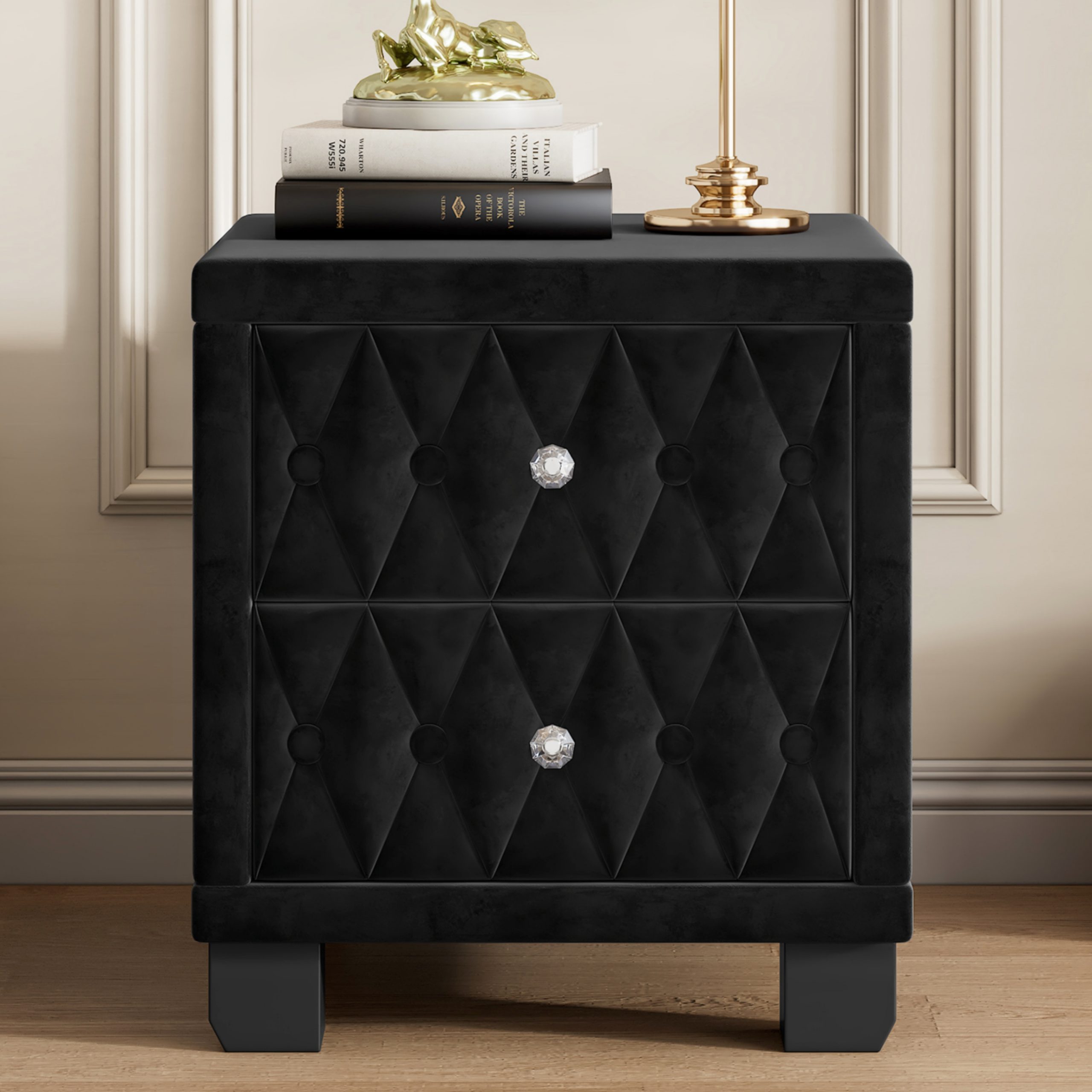 Elegant Velvet Nightstand with 2 Drawers and Crystal Handle, Storage Bedside Table with Button-Tufted, Black - Image 3