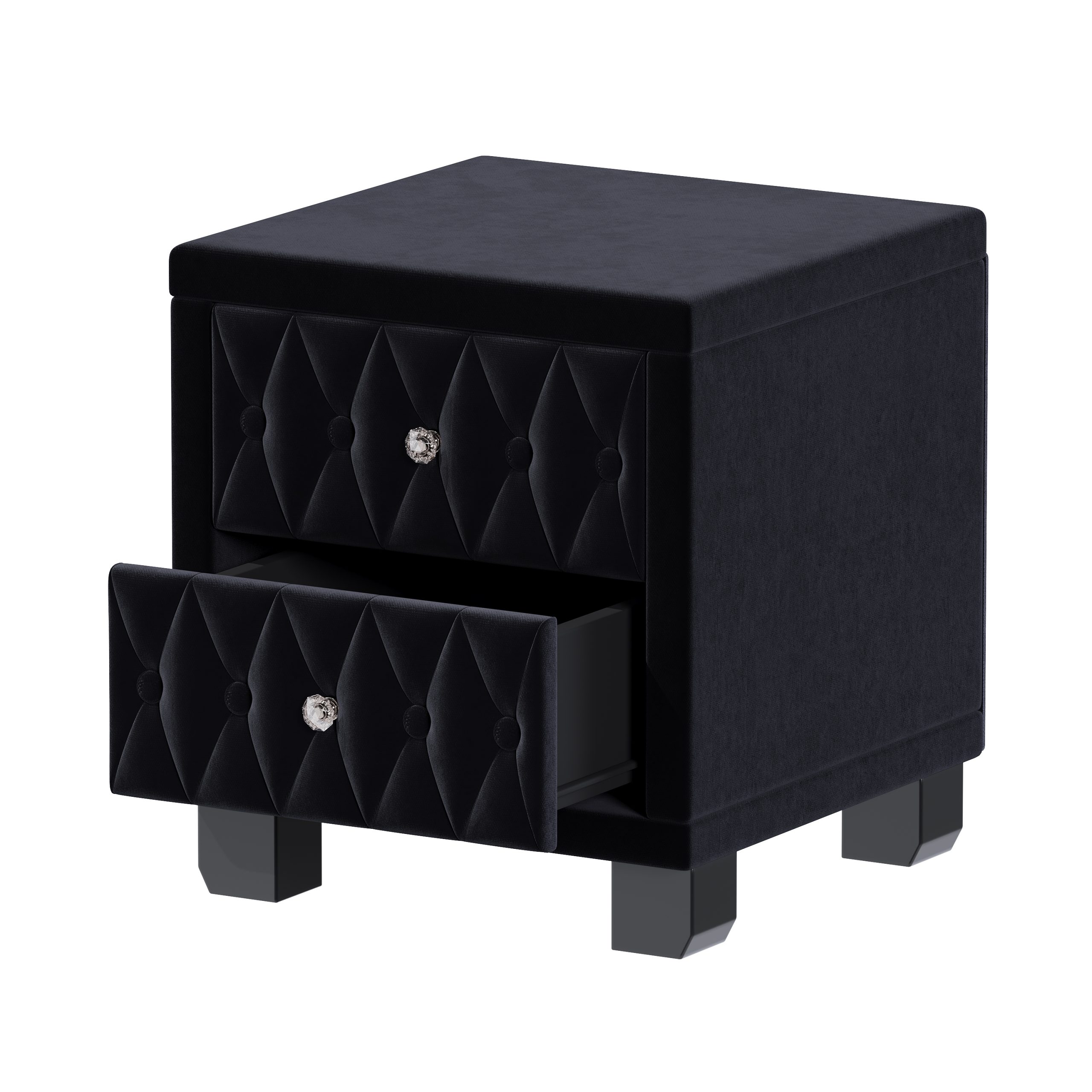 Elegant Velvet Nightstand with 2 Drawers and Crystal Handle, Storage Bedside Table with Button-Tufted, Black - Image 4