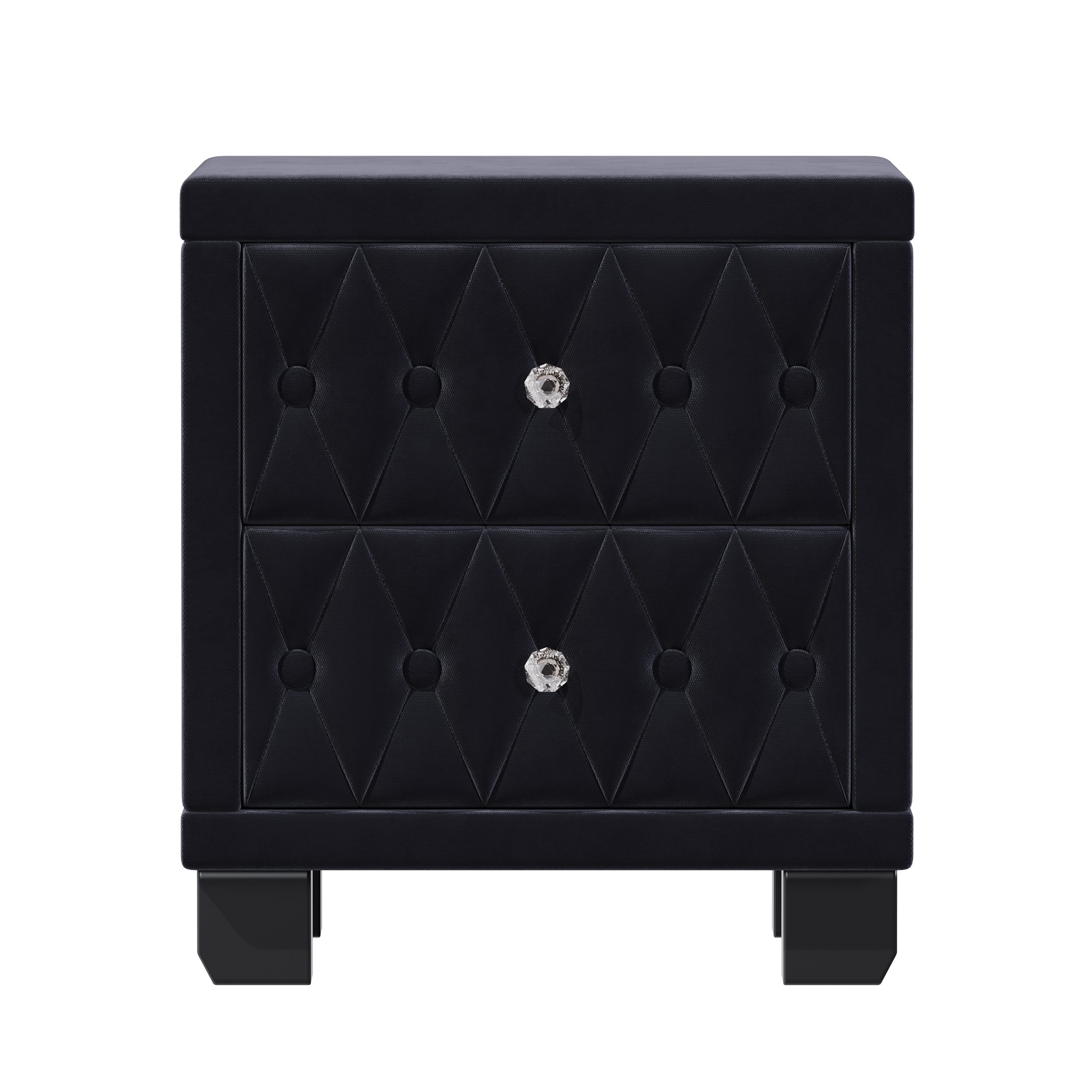 Elegant Velvet Nightstand with 2 Drawers and Crystal Handle, Storage Bedside Table with Button-Tufted, Black - Image 5