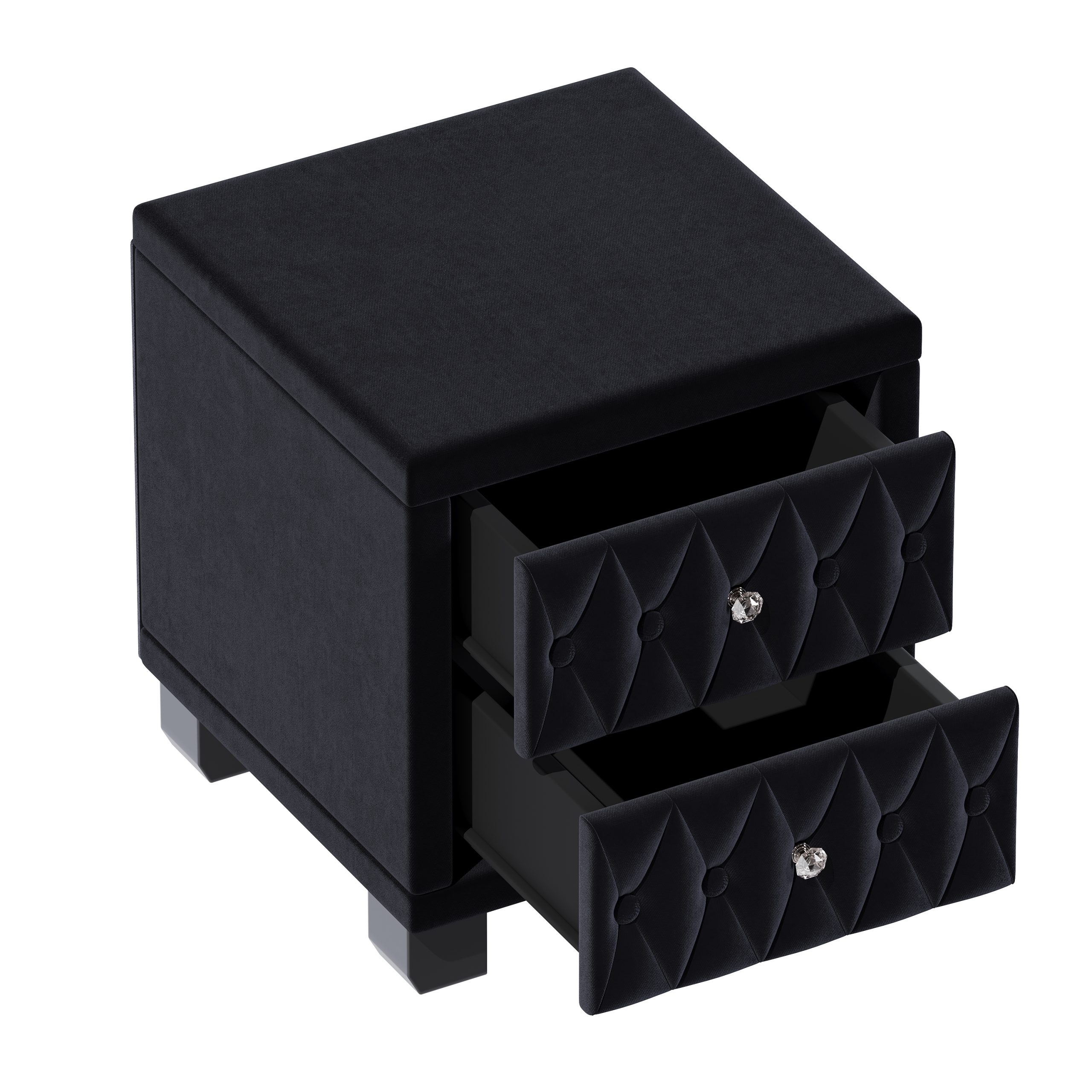 Elegant Velvet Nightstand with 2 Drawers and Crystal Handle, Storage Bedside Table with Button-Tufted, Black - Image 6