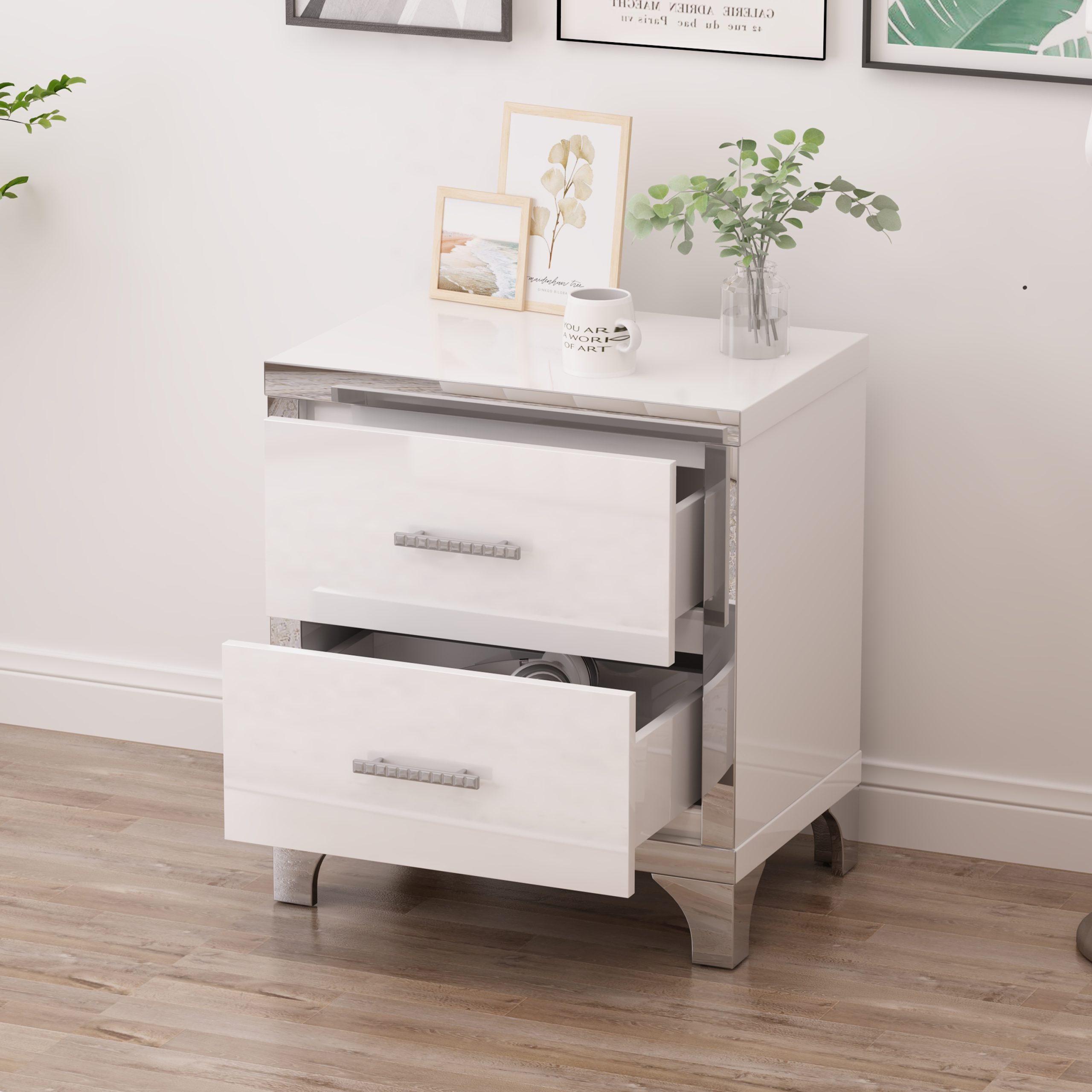 Elegant High Gloss Nightstand with Metal Handle,Mirrored Bedside Table with 2 Drawers for Bedroom,Living Room,White - Image 2