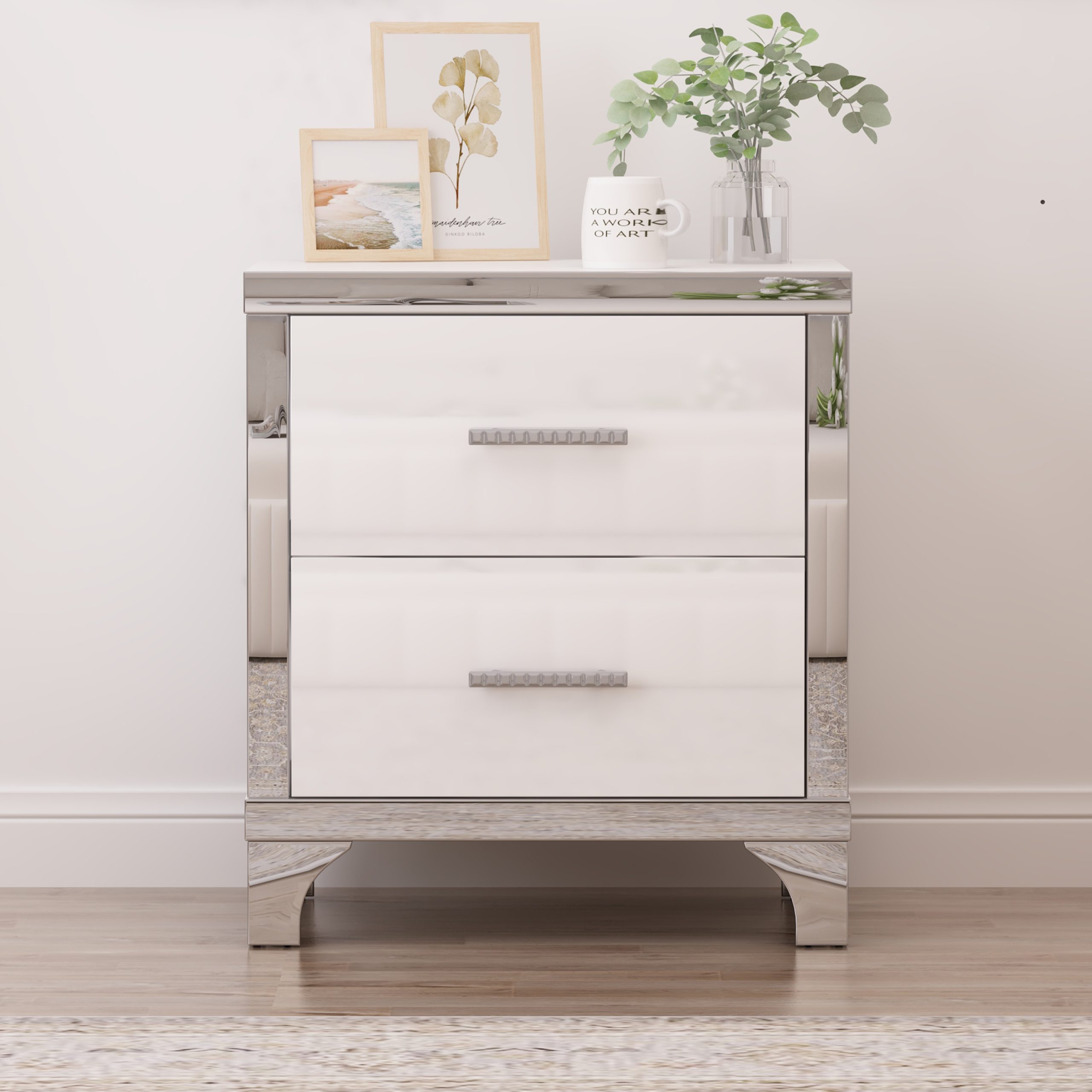 Elegant High Gloss Nightstand with Metal Handle,Mirrored Bedside Table with 2 Drawers for Bedroom,Living Room,White - Image 3