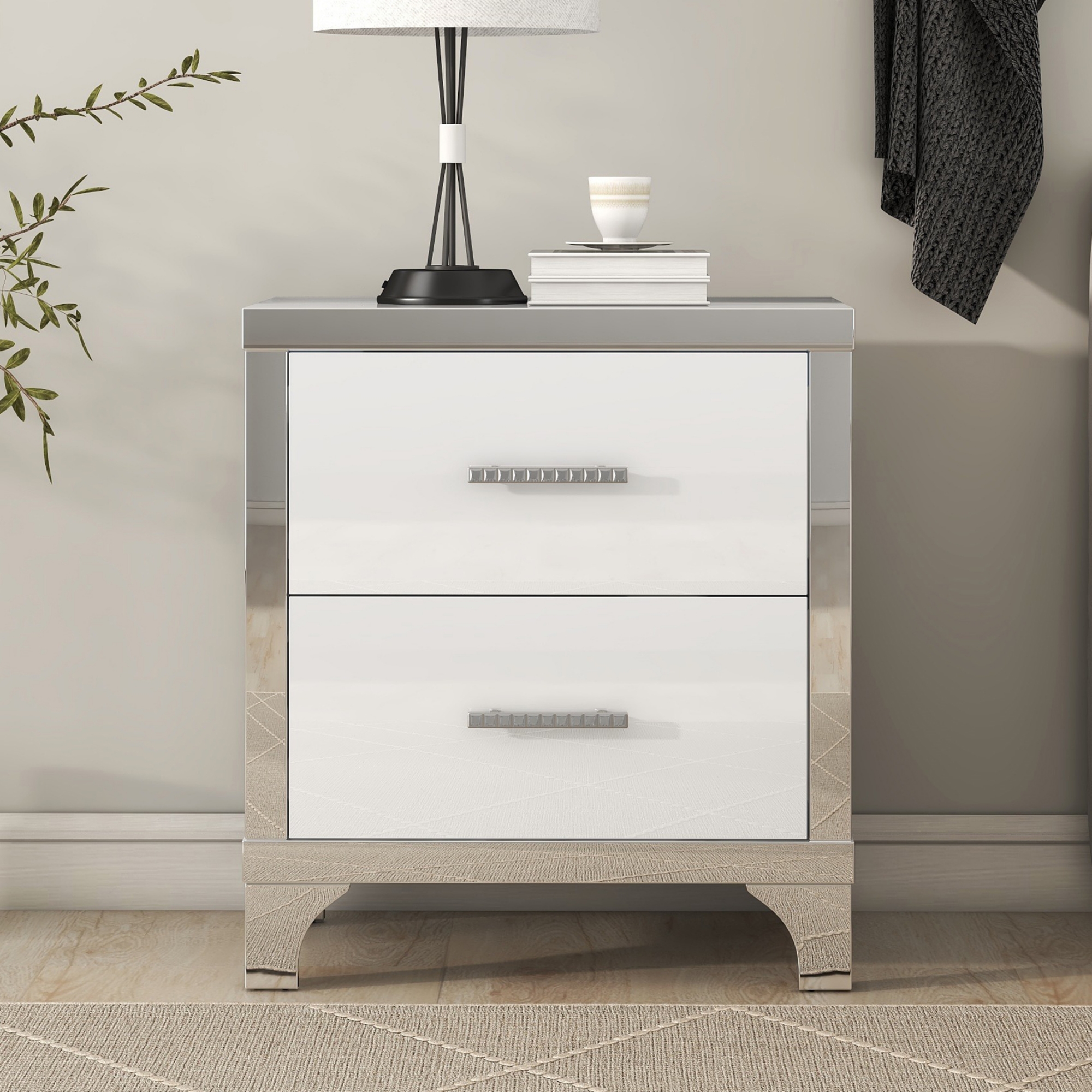 Elegant High Gloss Nightstand with Metal Handle,Mirrored Bedside Table with 2 Drawers for Bedroom,Living Room,White - Image 4