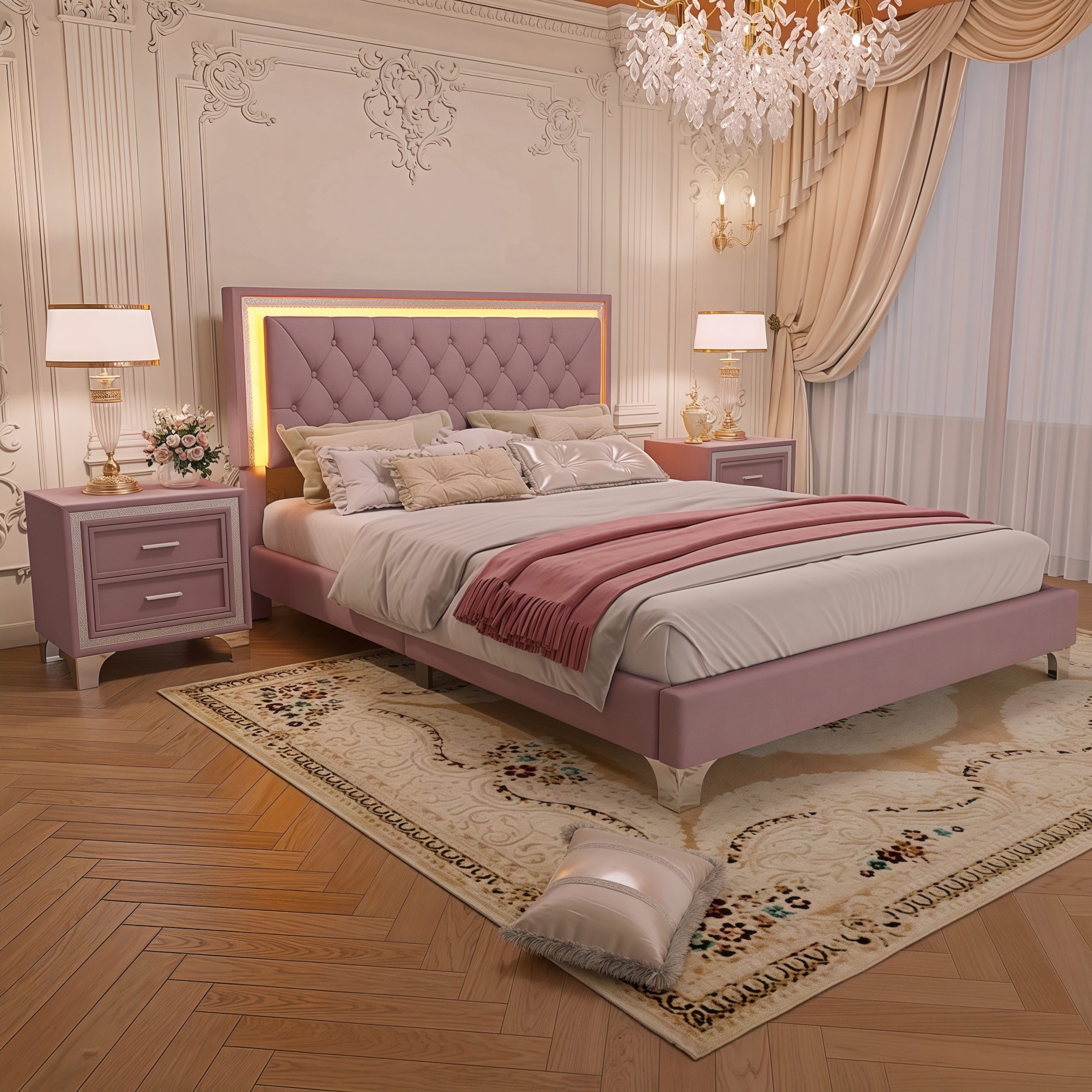 3-Pieces Bedroom Sets,Queen Size Upholstered Platform Bed with LED Lights and Two Nightstands-Pink - Image 2