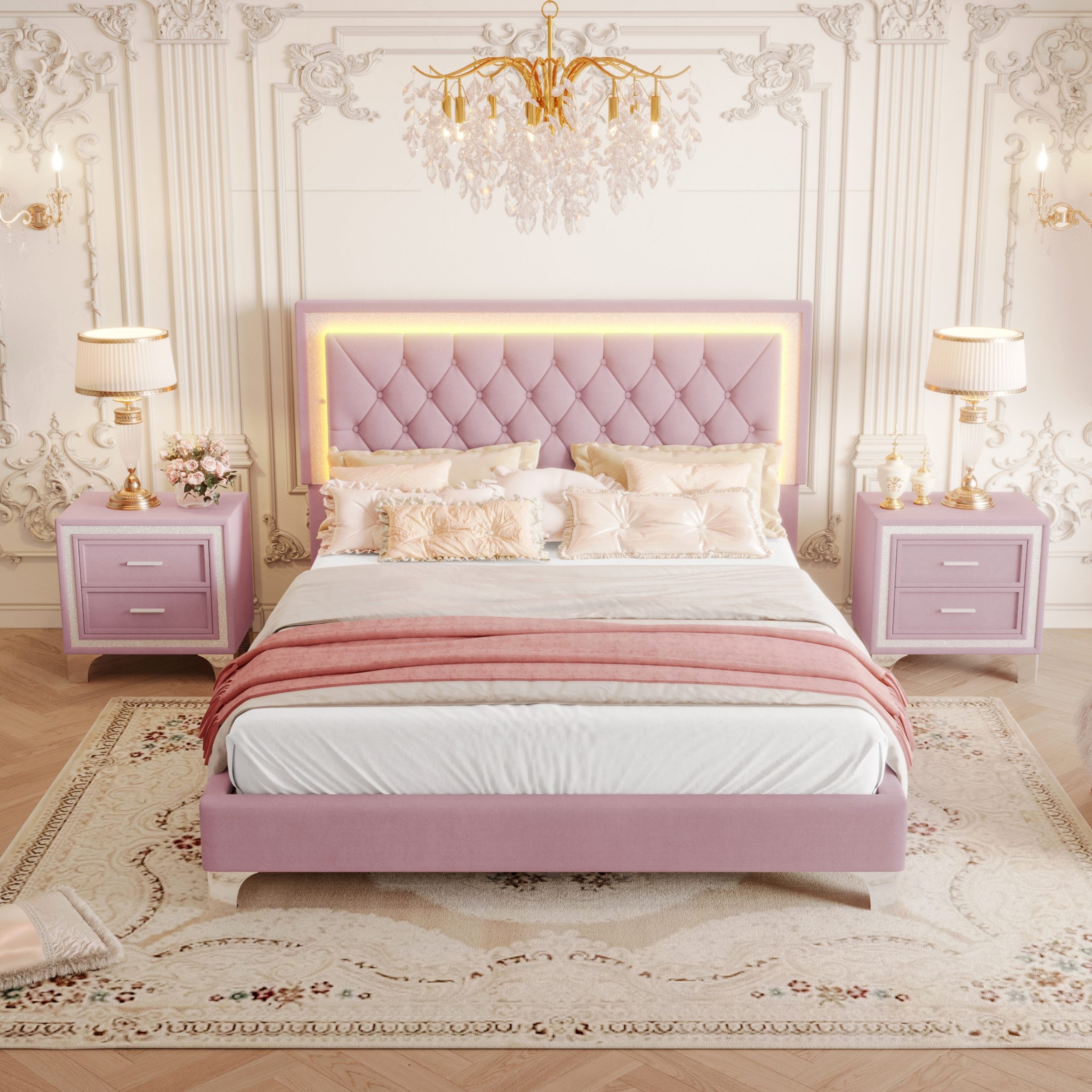 3-Pieces Bedroom Sets,Queen Size Upholstered Platform Bed with LED Lights and Two Nightstands-Pink - Image 3