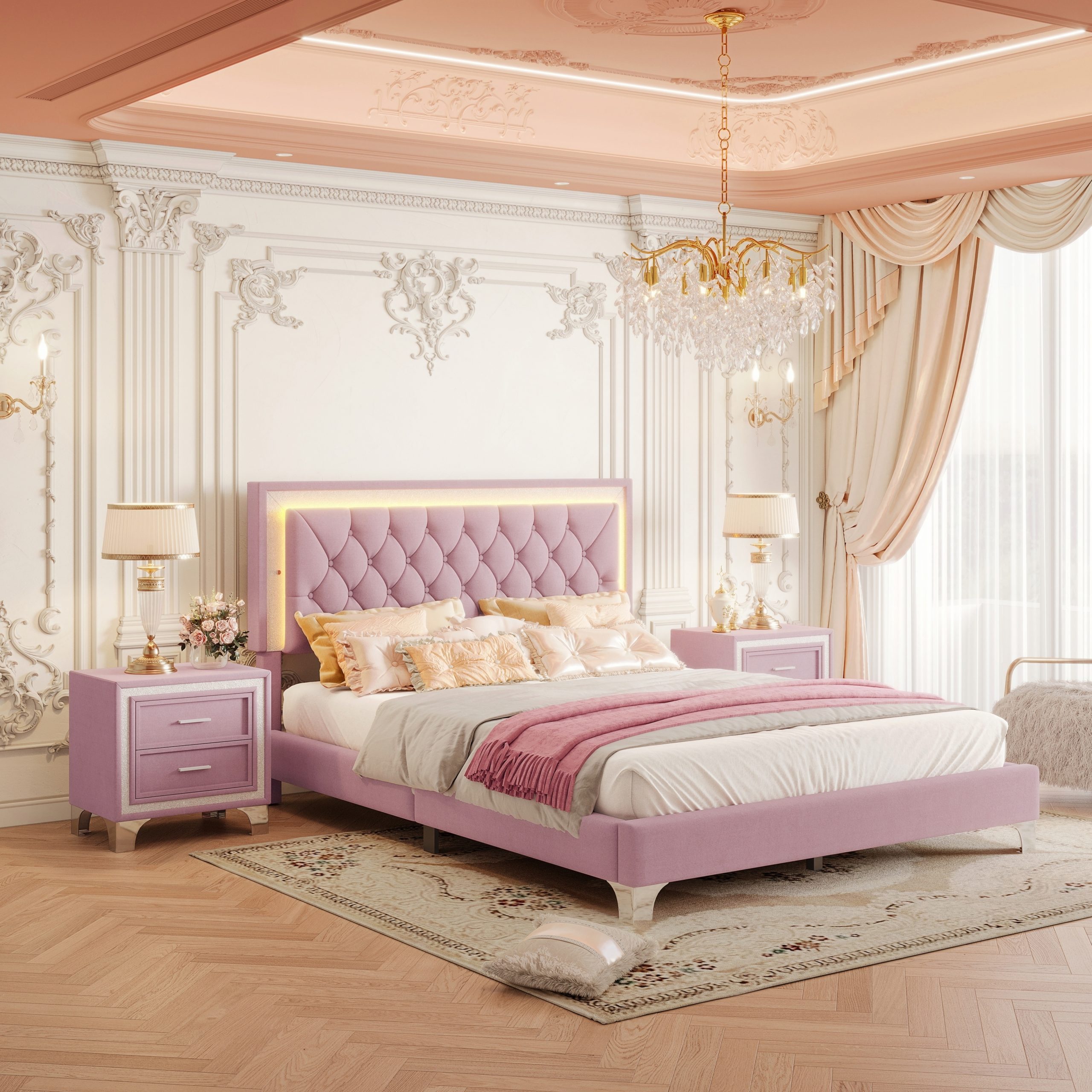 3-Pieces Bedroom Sets,Queen Size Upholstered Platform Bed with LED Lights and Two Nightstands-Pink - Image 4