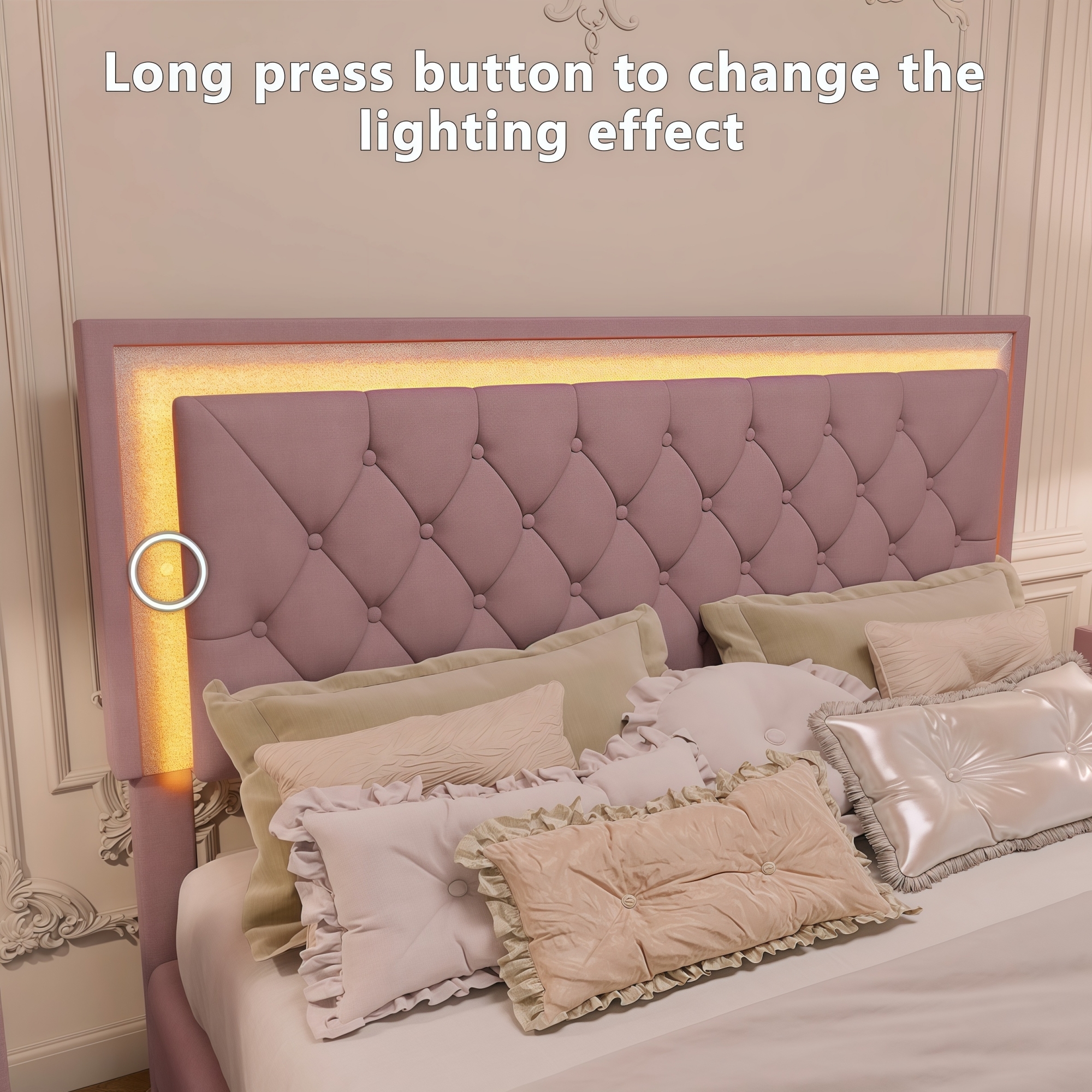 3-Pieces Bedroom Sets,Queen Size Upholstered Platform Bed with LED Lights and Two Nightstands-Pink - Image 5