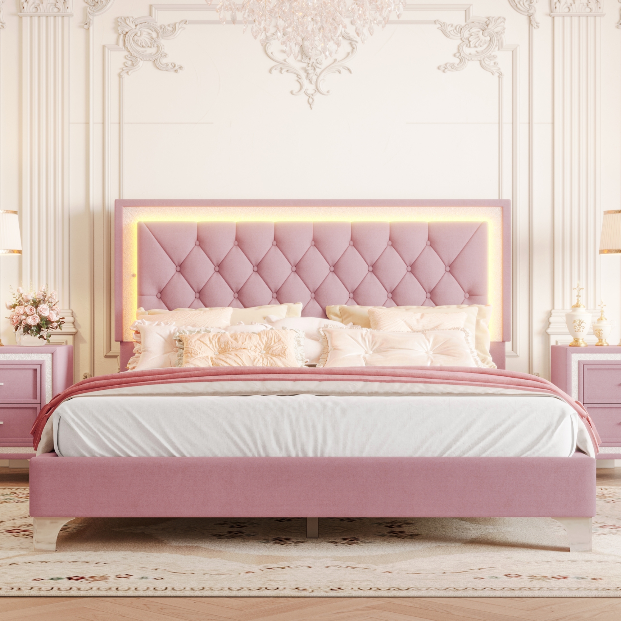 Queen Size Upholstered Bed Frame with LED Lights,Modern Velvet Platform Bed with Tufted Headboard,Pink - Image 1