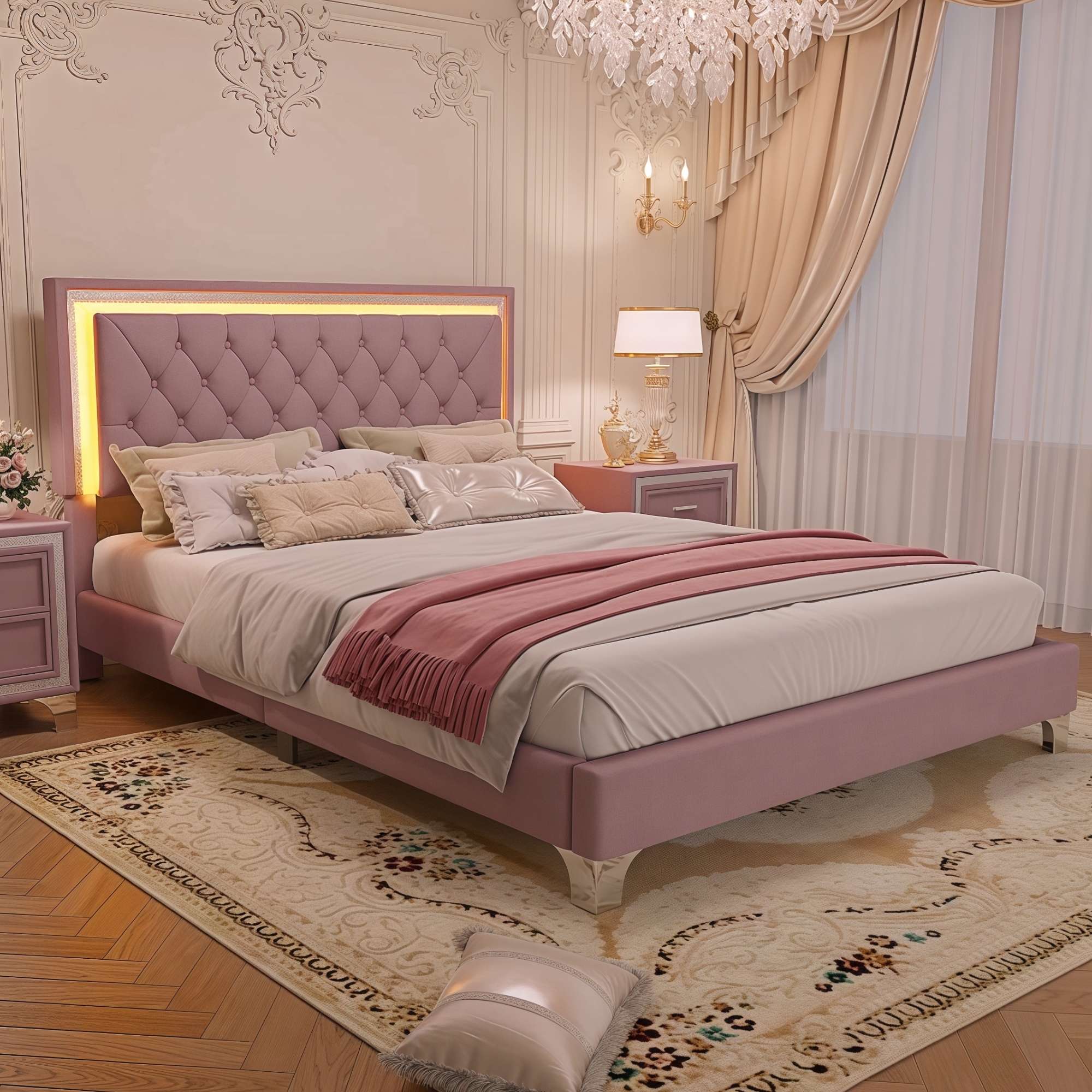 Queen Size Upholstered Bed Frame with LED Lights,Modern Velvet Platform Bed with Tufted Headboard,Pink - Image 2