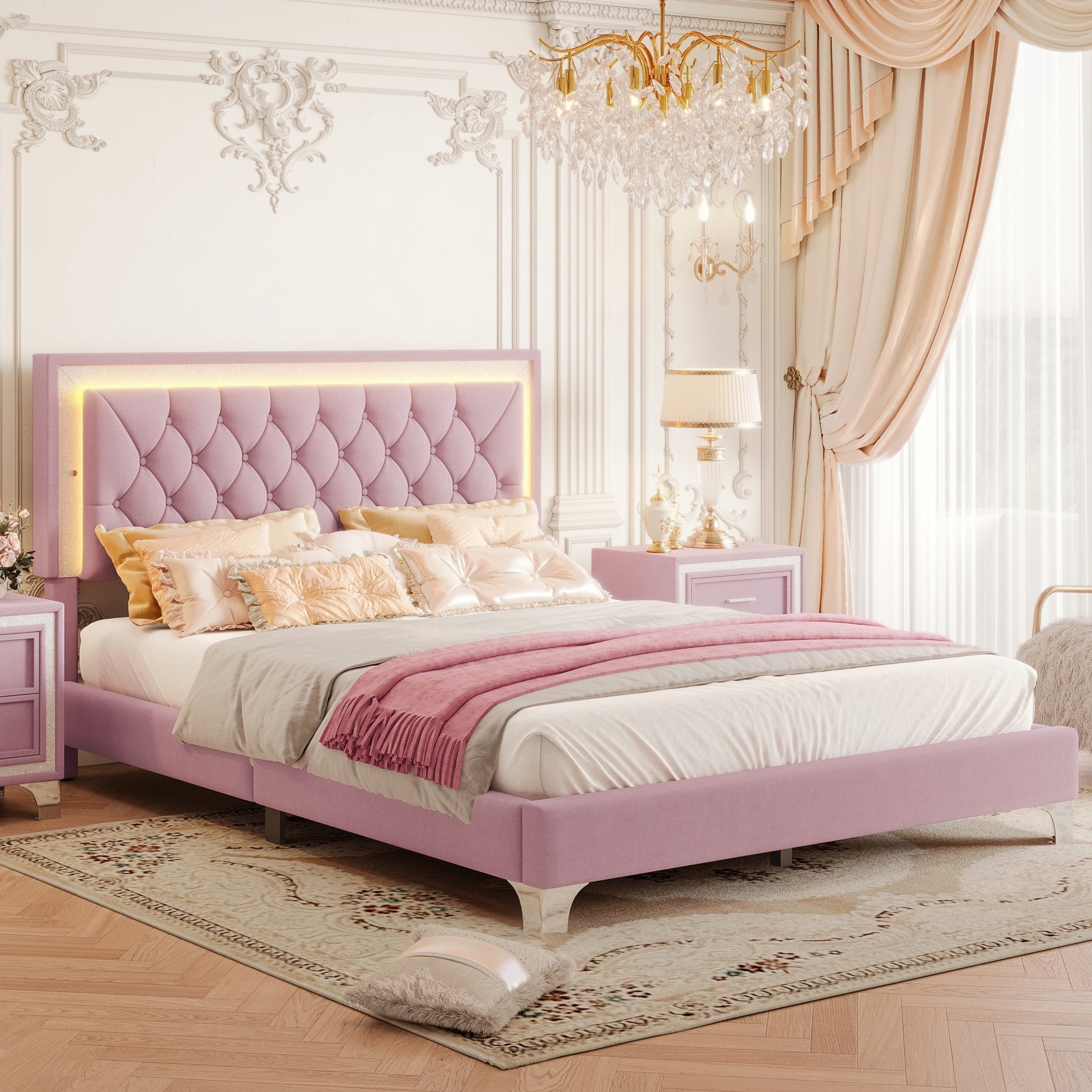 Queen Size Upholstered Bed Frame with LED Lights,Modern Velvet Platform Bed with Tufted Headboard,Pink - Image 3